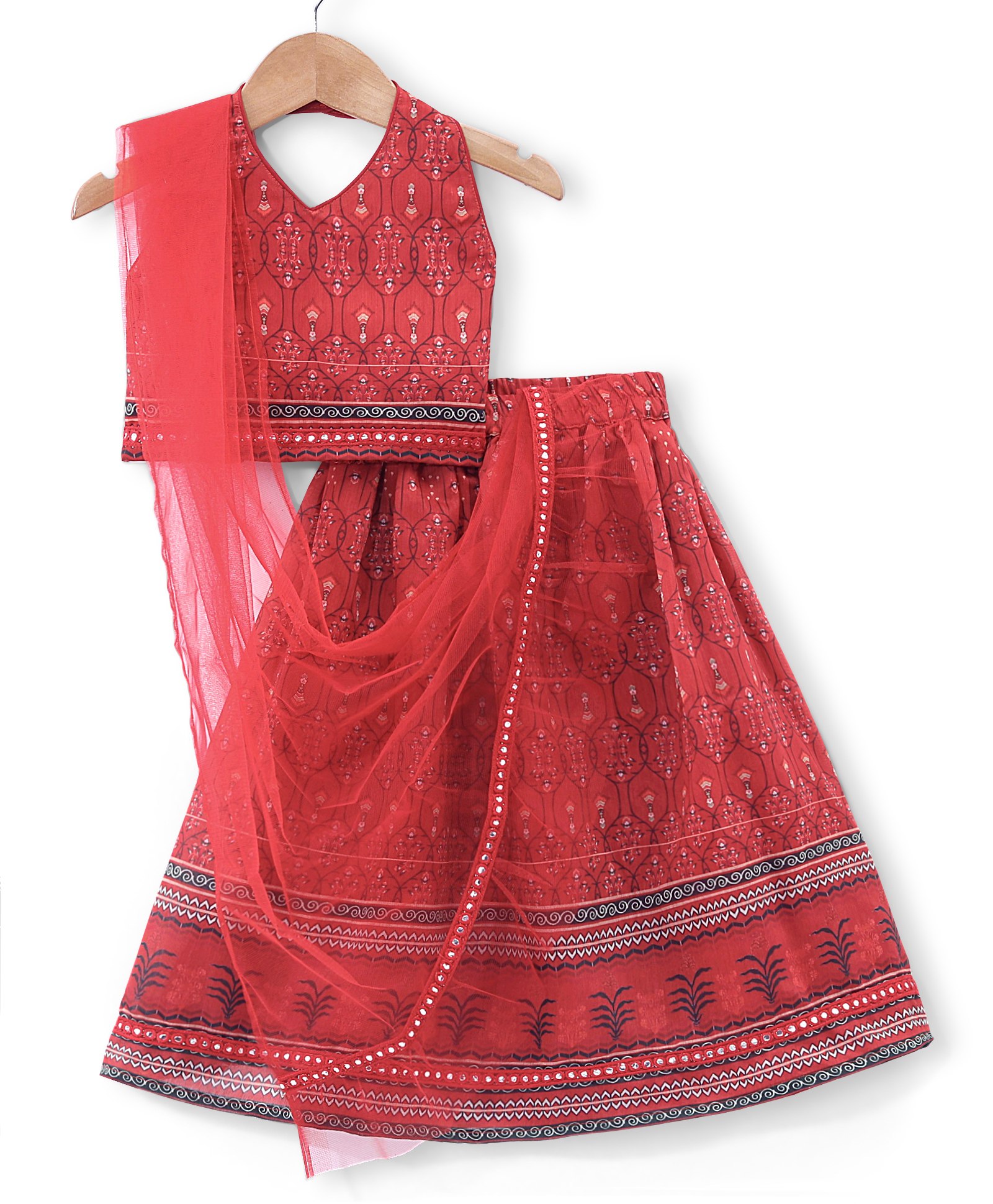 Babyhug Sleeveless Chanderi Printed Choli with Lehenga and Dupatta Set - Maroon-image-31