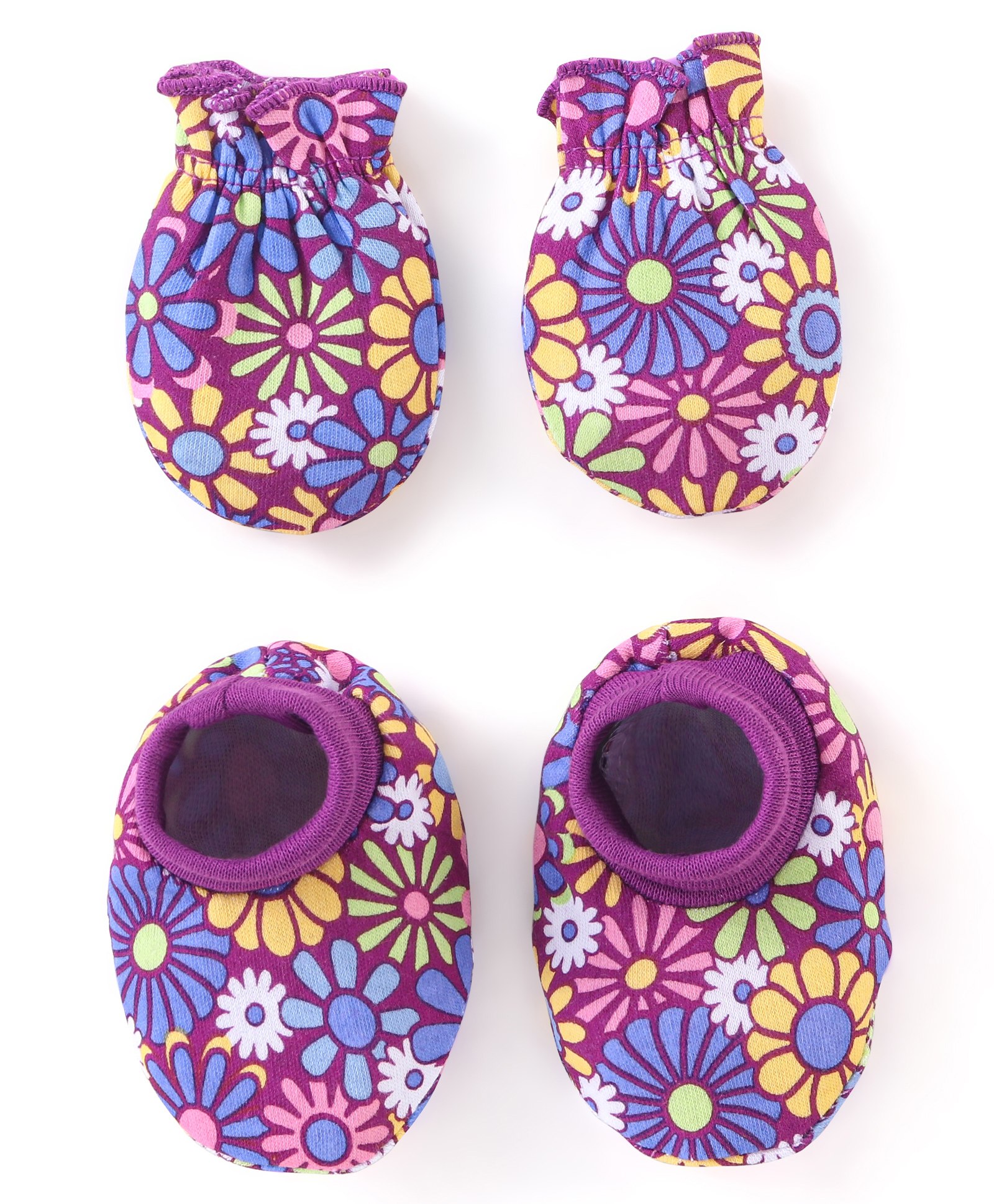 Babyhug 100% Cotton Knit Mitten & Booties Floral Print - Purple-picture-19