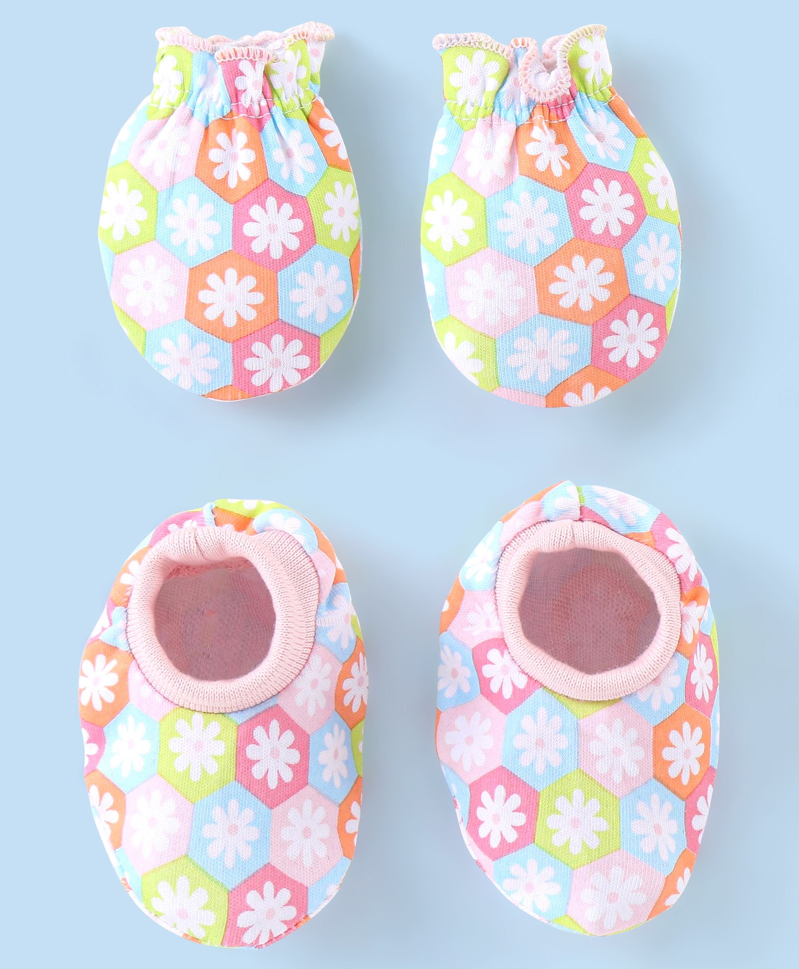 Babyhug 100% Cotton Knit Mittens & Booties Set Floral Print - Pink-image-9
