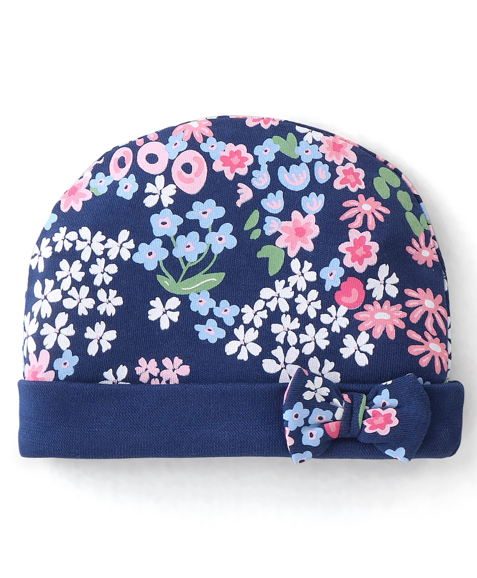 Babyhug 100% Cotton Knit Cap Floral Printed with Bow Applique- Navy Blue-picture-22