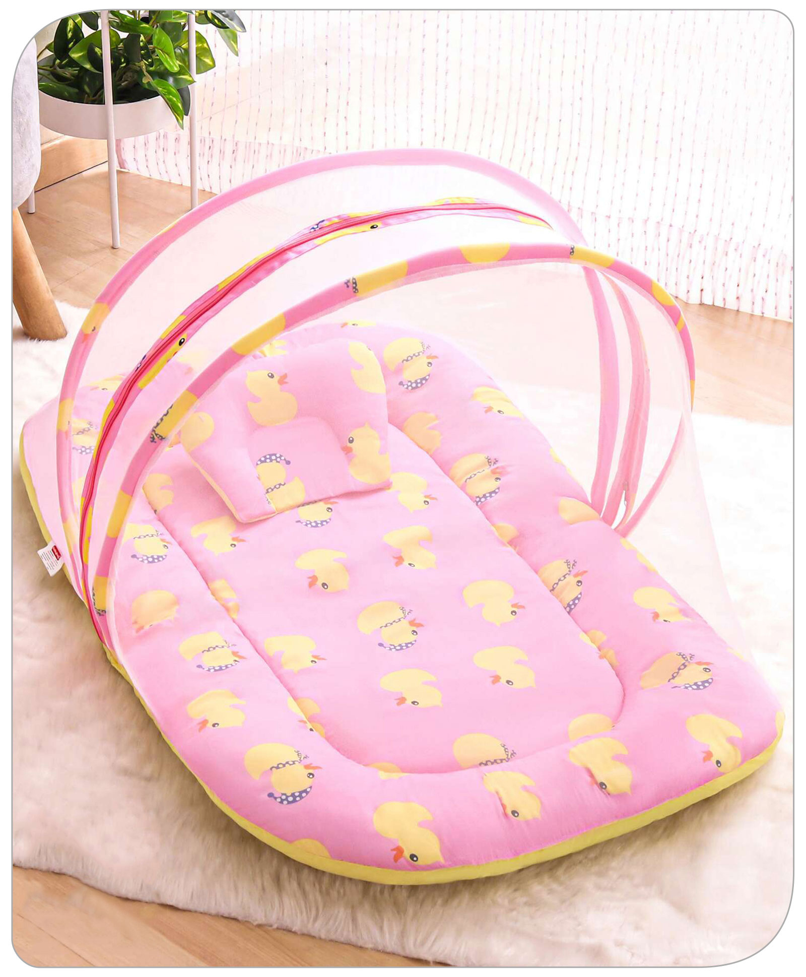 Babyhug Cotton Bedding Set with Mosquito Net Duck Print- Pink-image-21