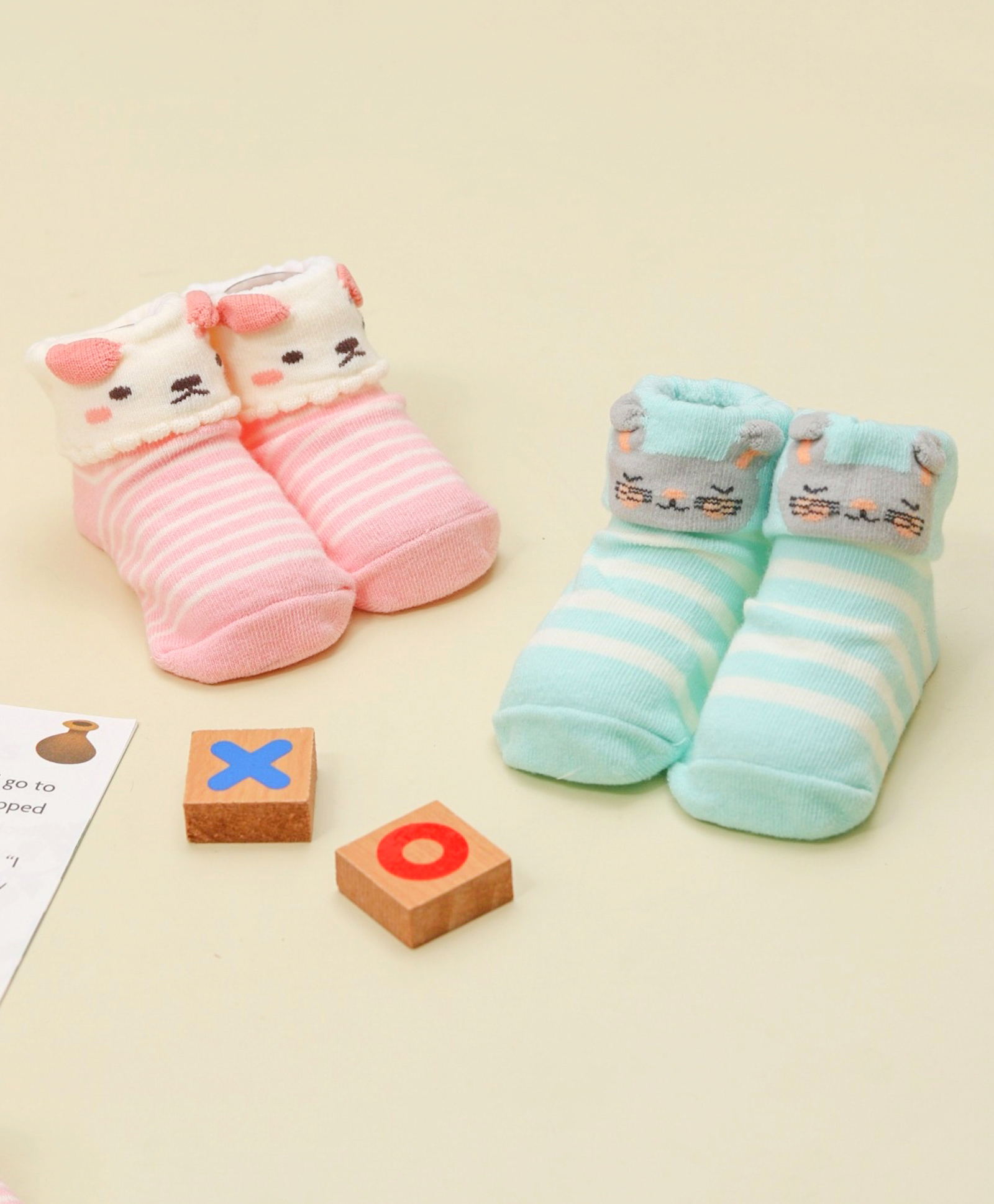Yellow Bee Pack Of 2 Striped Designed Puppy & Bunny Detailed Anti Skid Socks - Pink & Aqua Blue-picture-8