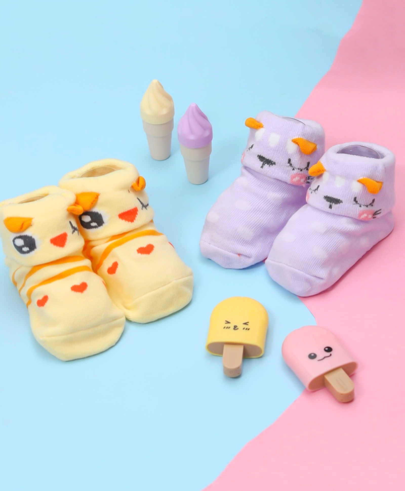 Yellow Bee Pack Of 2 Duck & Bear Face Detailed Striped Anti Skid Socks - Yellow & Purple-image-6