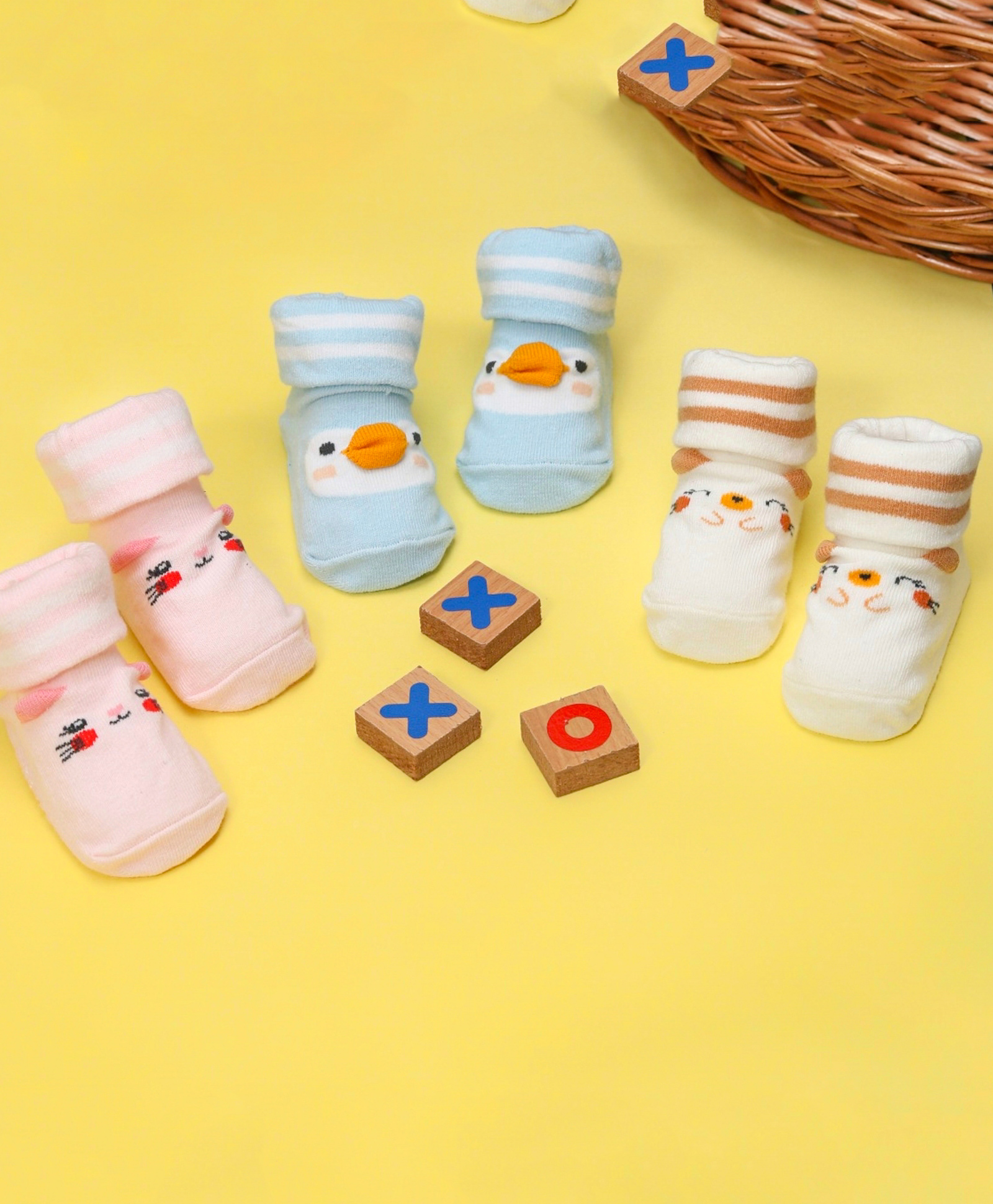 Yellow Bee Pack Of 3 Duck & Bear Face Detailed Striped Anti Skid Socks - Pink Blue & Cream-image-29