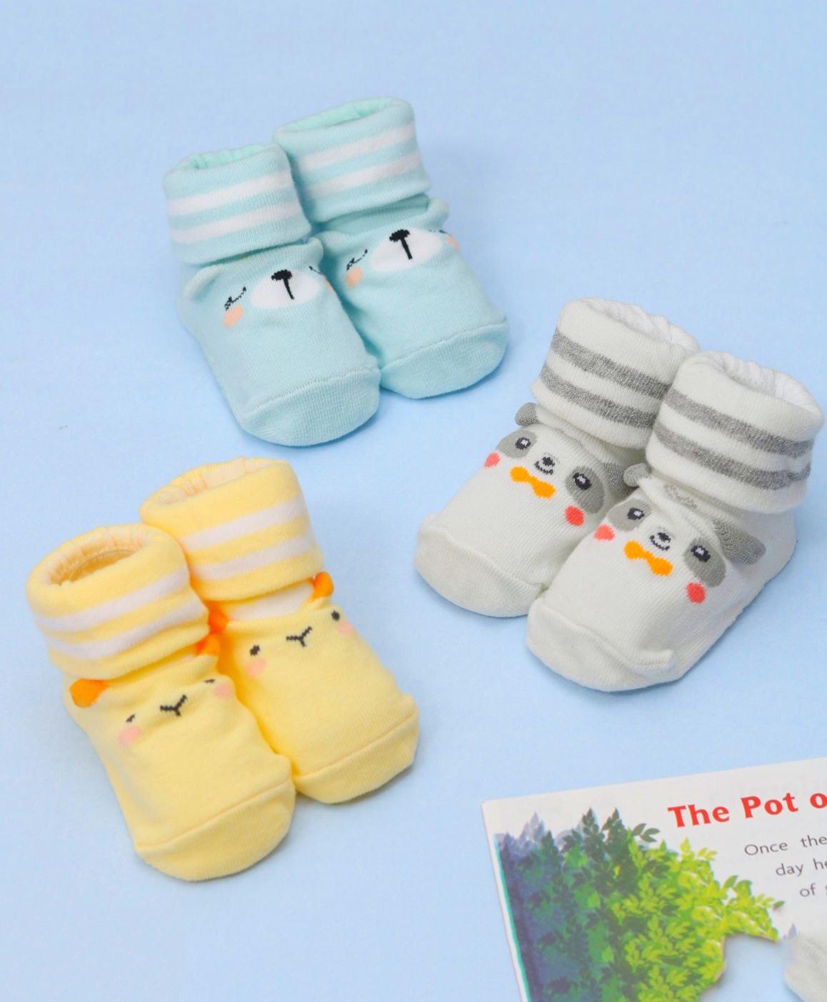 Yellow Bee Pack Of 3 Puppy & Bear Face Detailed Striped Anti Skid Socks - Grey Yellow & Aqua Blue-image-10