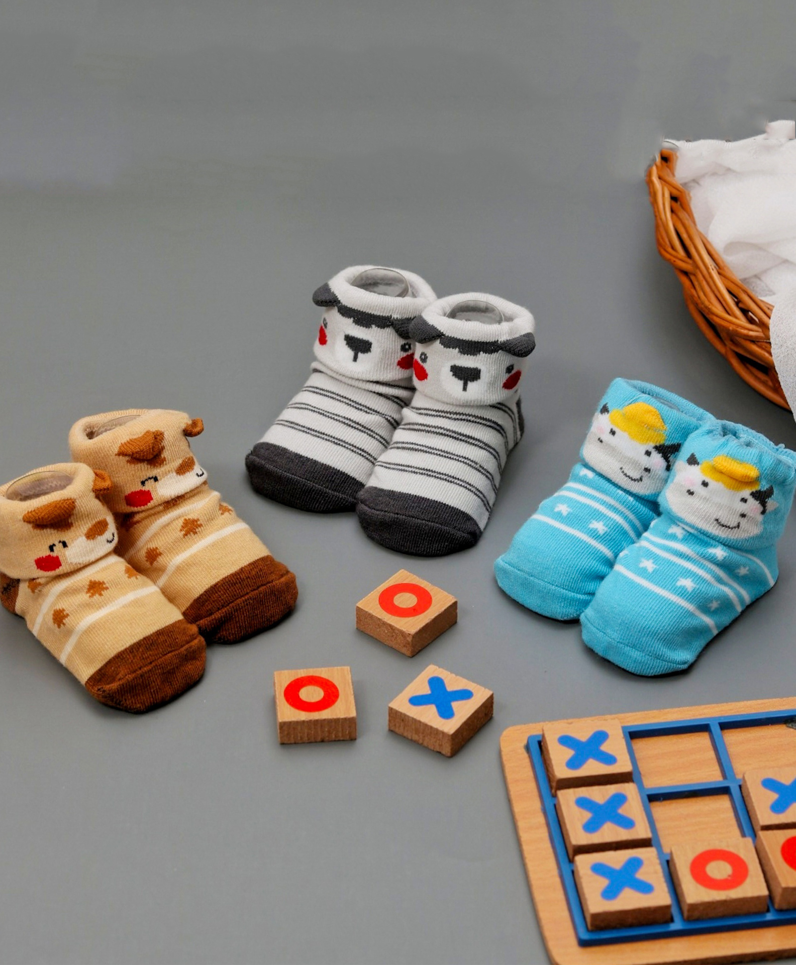 Yellow Bee Pack Of 3 Puppy & Cow Face Detailed Striped Anti Skid Socks - Grey Brown & Blue-image-39