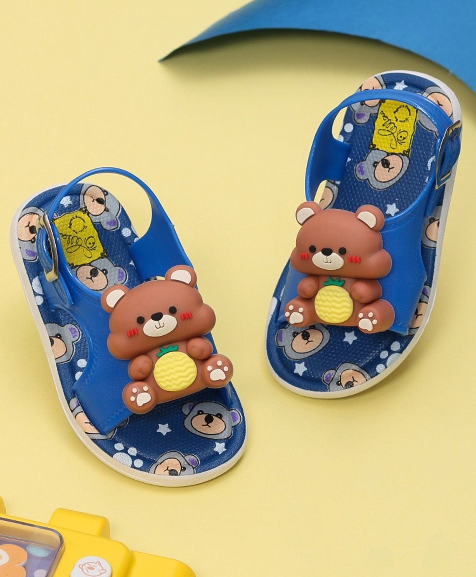 Yellow Bee Teddy Applique Detailed Velcro Closure Sandals - Blue & Brown-image-41