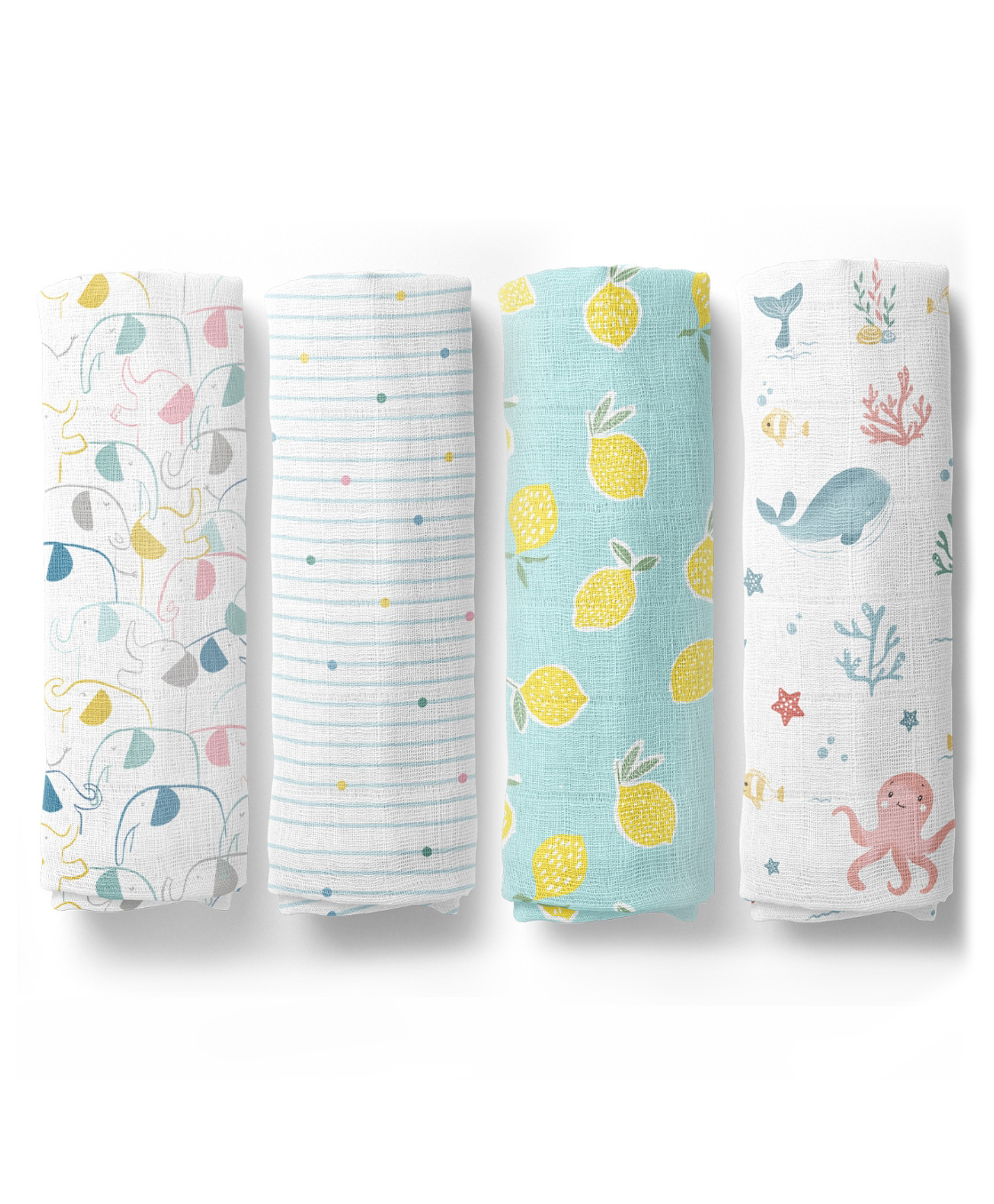 haus & kinder 100% Cotton Muslin Swaddle Elephant Dot Fruit & Ocean Print  Pack Of 4 - Multicolor-picture-39