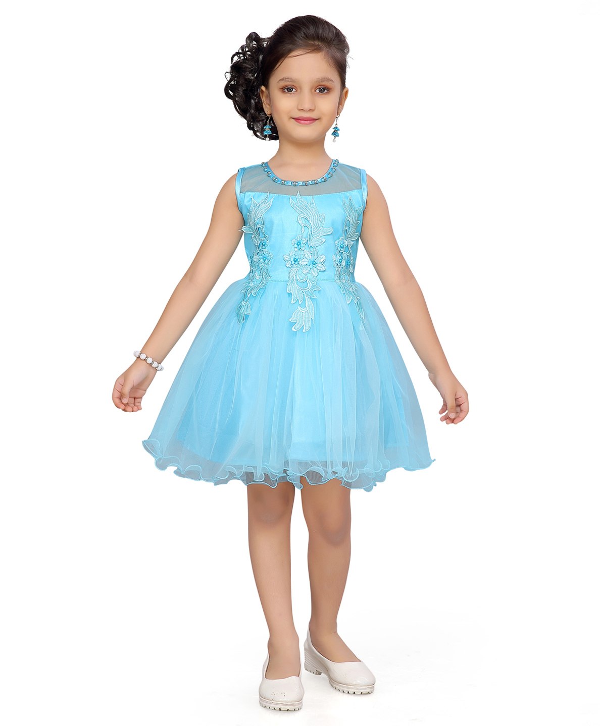 Aarika Sleeveless Floral Lace Embellished Fit & Flared Dress - Turquoise Blue-image-1