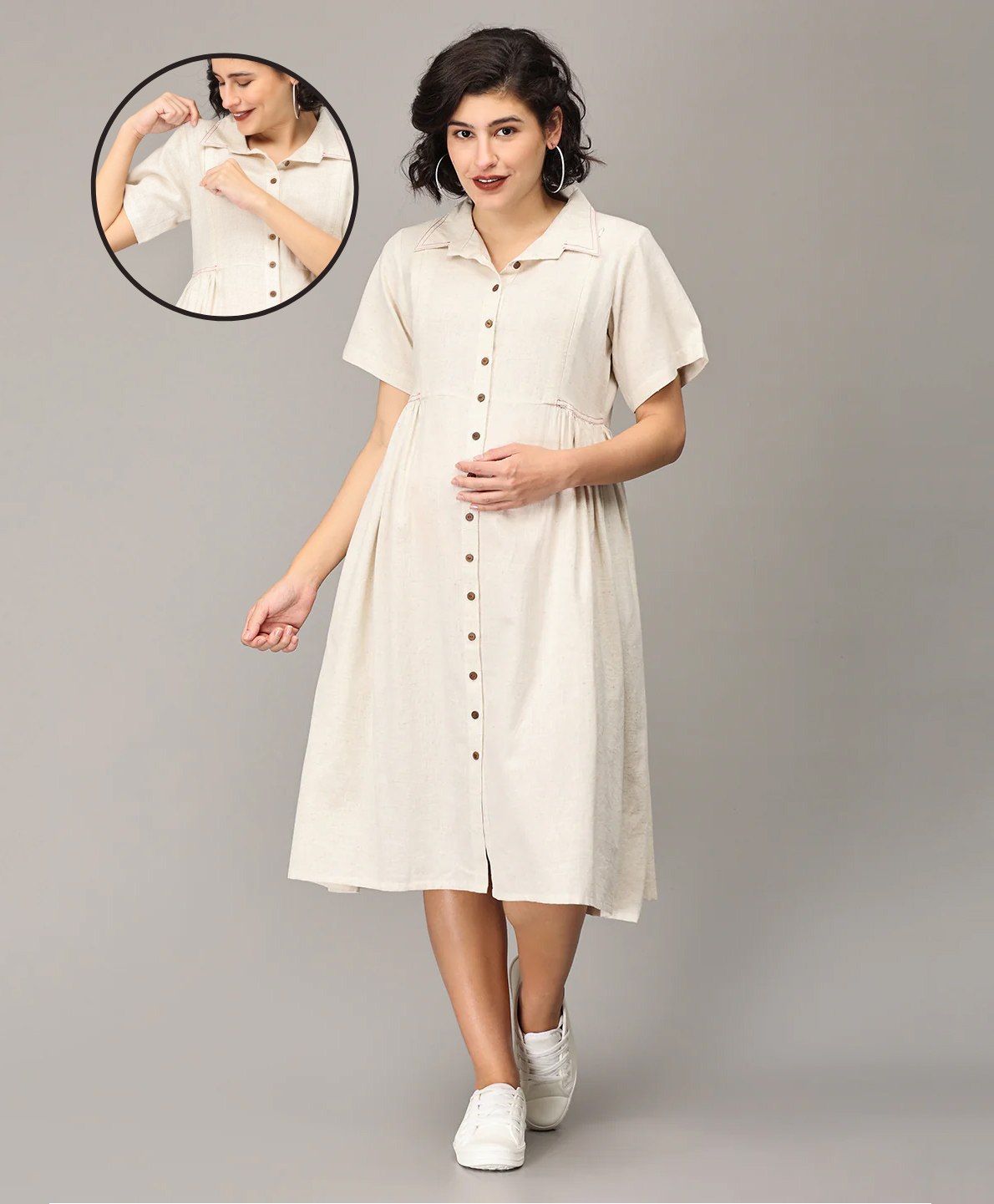 The Mom Store Half Sleeves Solid Button Down Collared Maternity Dress With Concealed Zipper Nursing Access - Off White-picture-39
