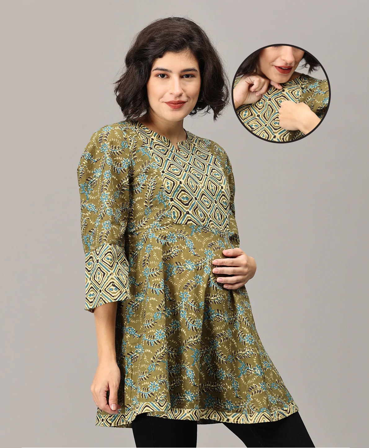 The Mom Store Three Fourth Sleeves Seamless Leaves Printed Maternity Short  Kurta With Concealed Zipper Nursing Access - Olive Green-image-44