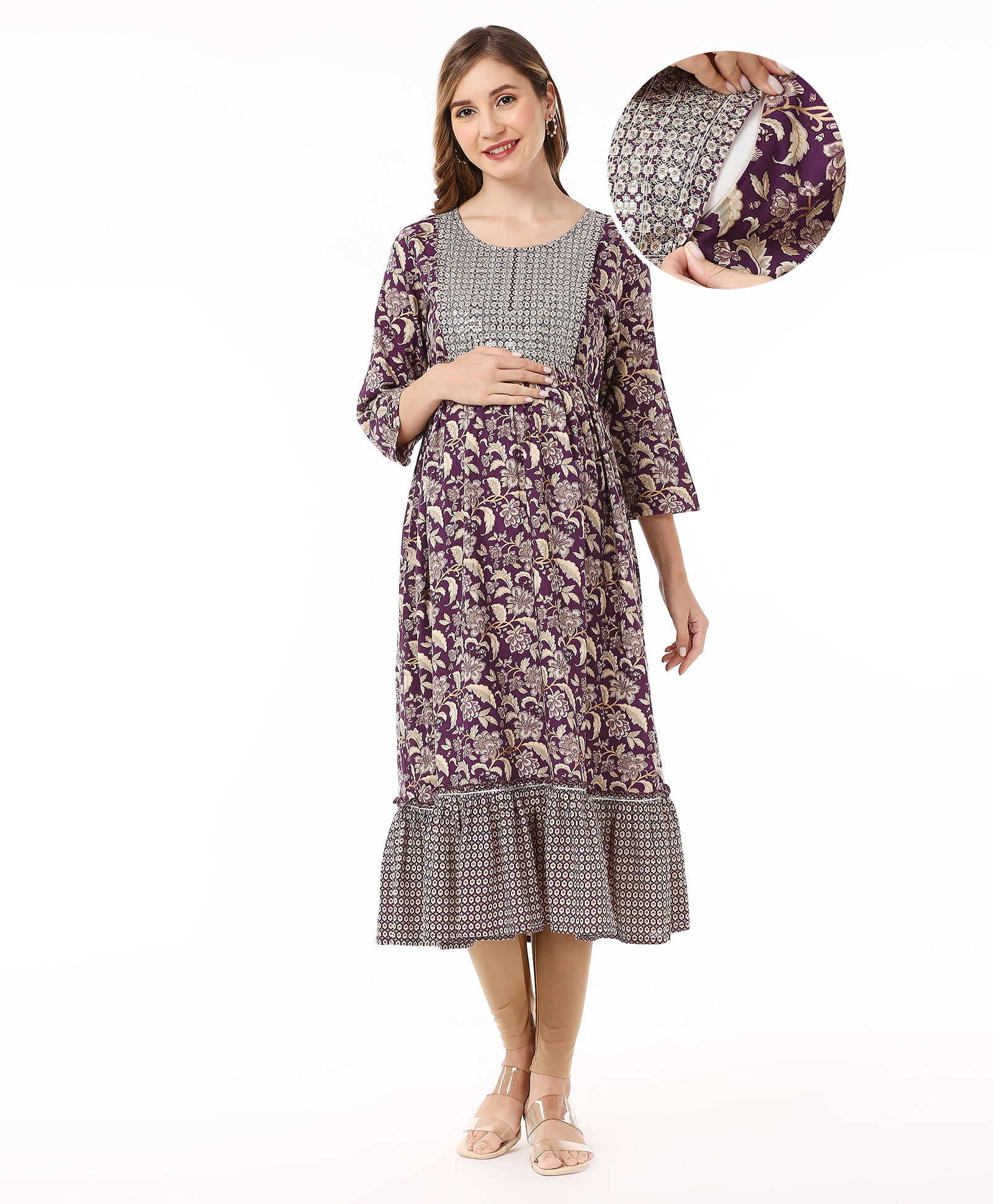 Bella Mama Woven Three Fourth Sleeves Floral Print With Embroidered Yoke Maternity Kurta - Purple-image-11