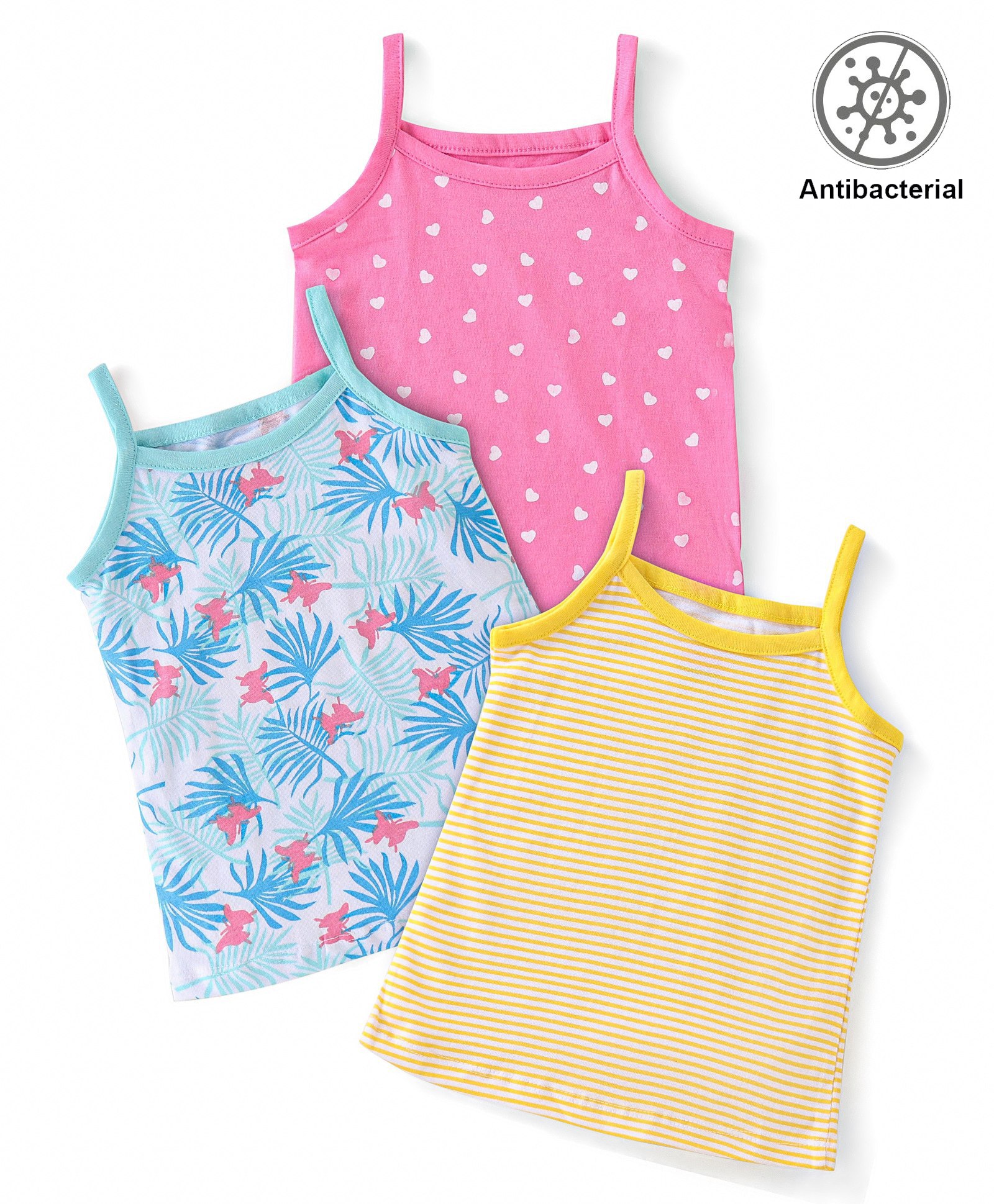 Babyhug 100% Cotton Sleeveless Antibacterial Slips Stripes & Hearts Print Pack of 3 - Blue Pink & Yellow-picture-20