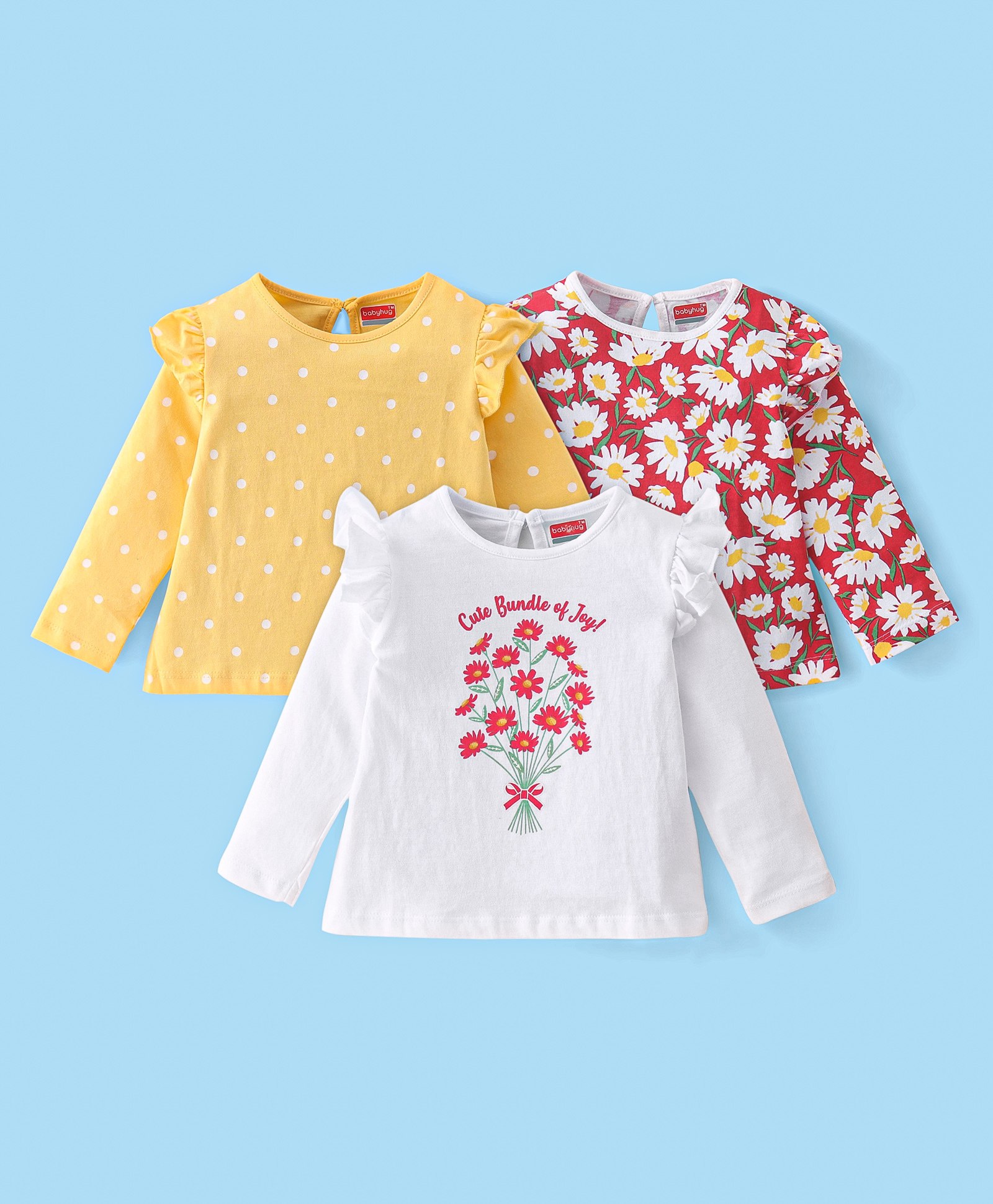 Babyhug 100% Cotton Knit Full Sleeves Top With Frill Detailing & Floral Graphics Pack of 3 - Yellow White & Red-picture-10