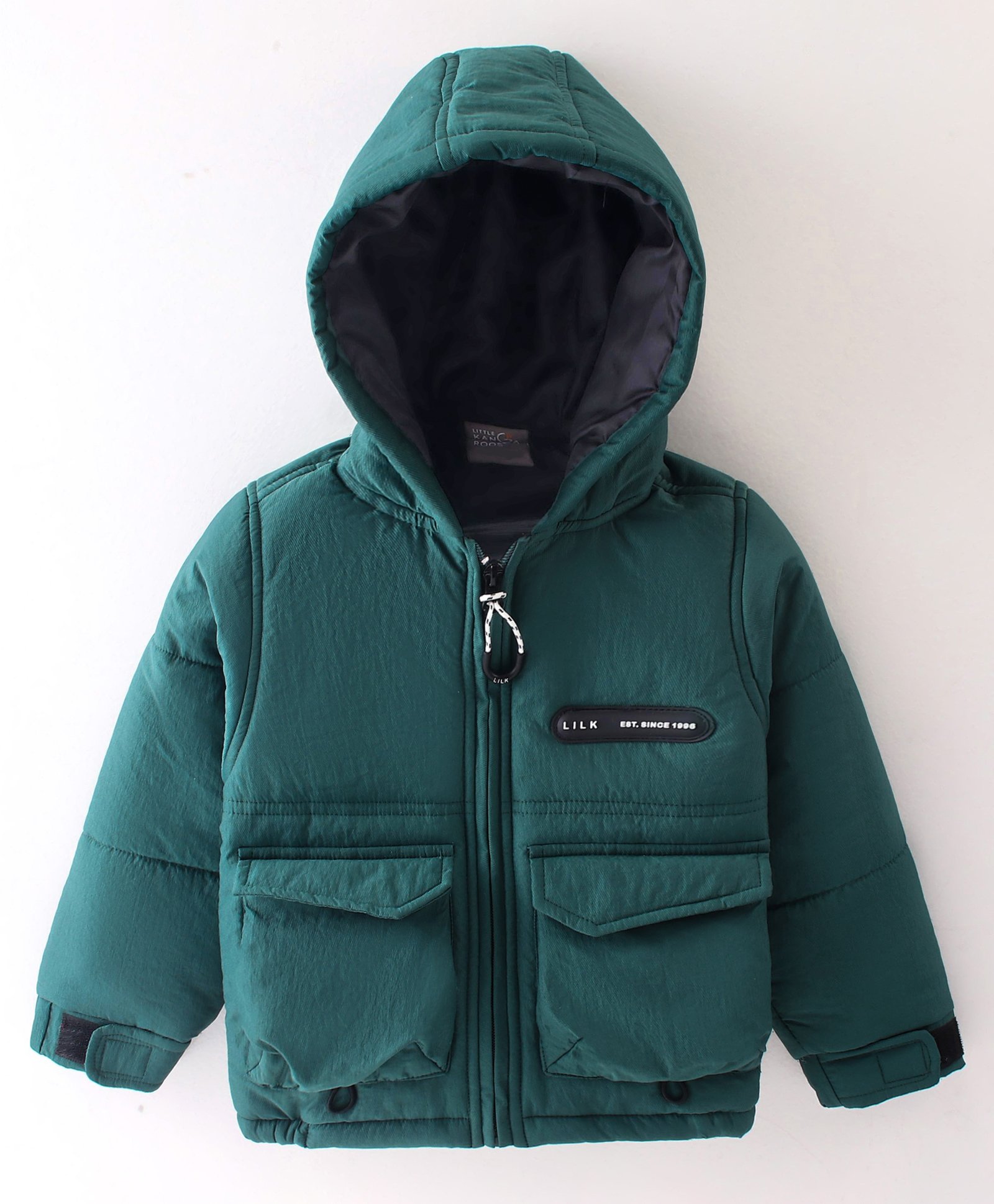 Little Kangaroos Full Sleeves Winter Wear Quilted Hooded Jacket - Green-image-38