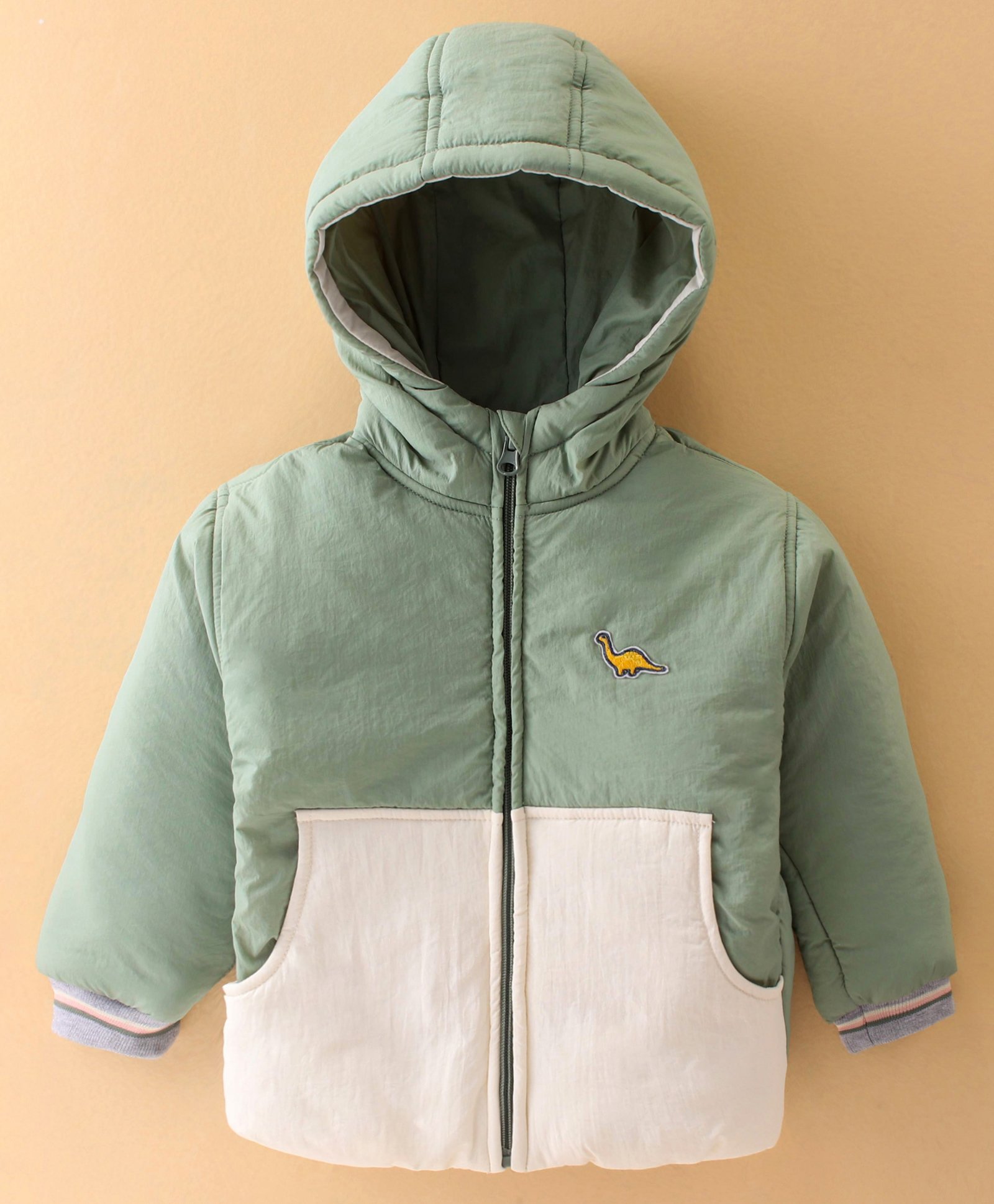 Little Kangaroos Droop Shoulder Winter Wear Padded Hooded Jacket Dino Patch - White & Green-picture-20
