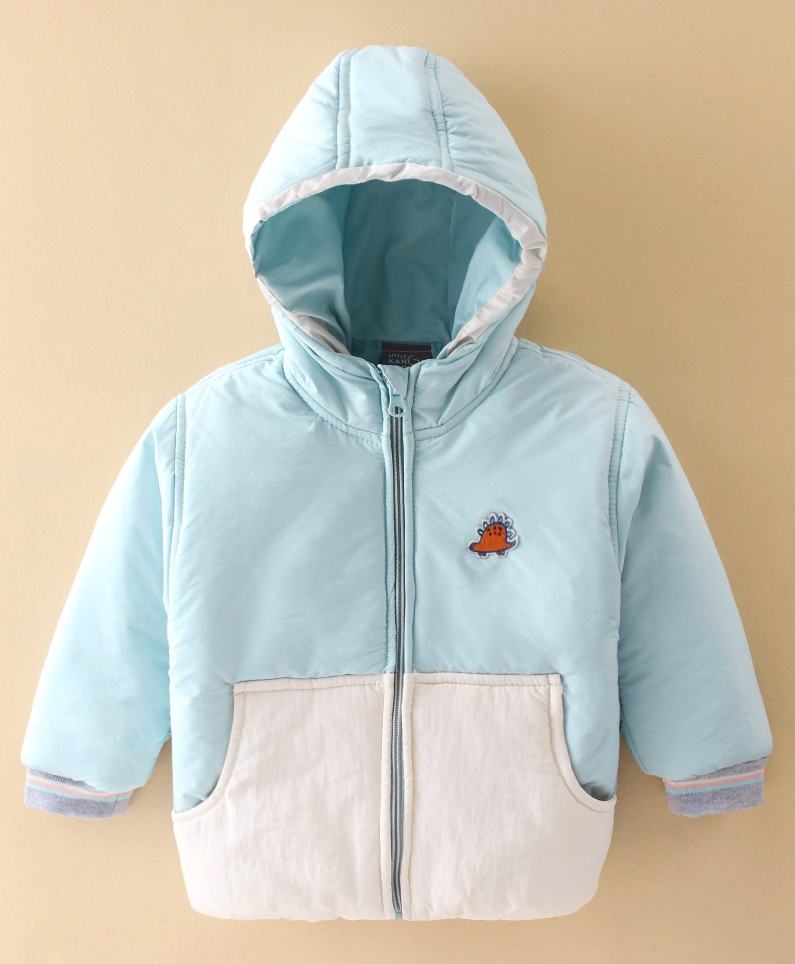 Little Kangaroos Droop Shoulder Winter Wear Padded Hooded Jacket Dino Patch - White & Blue-picture-26