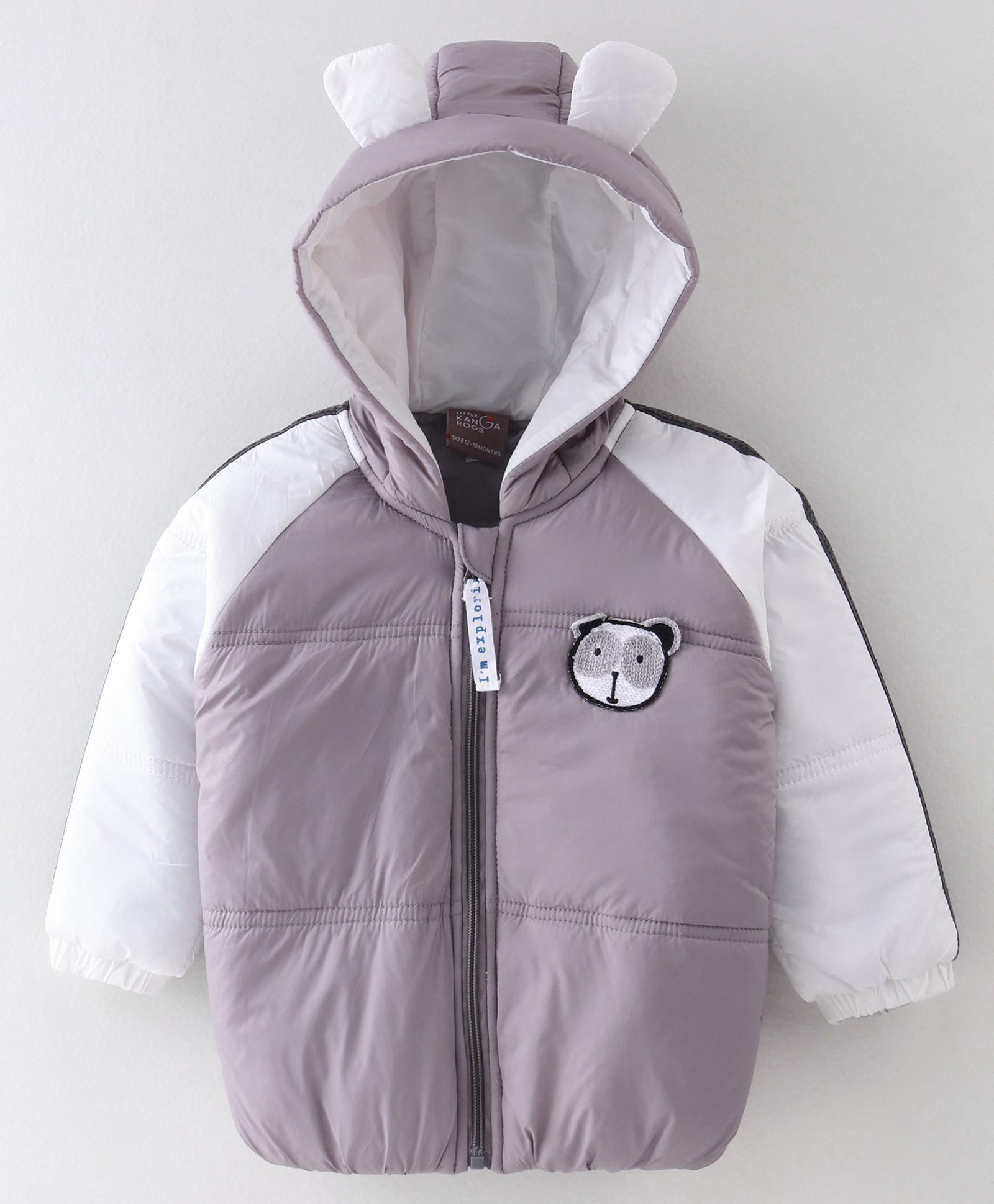 Little Kangaroos Full Sleeves Solid Color Drop Shoulder Hooded Jacket With Bear Applique - White-picture-30