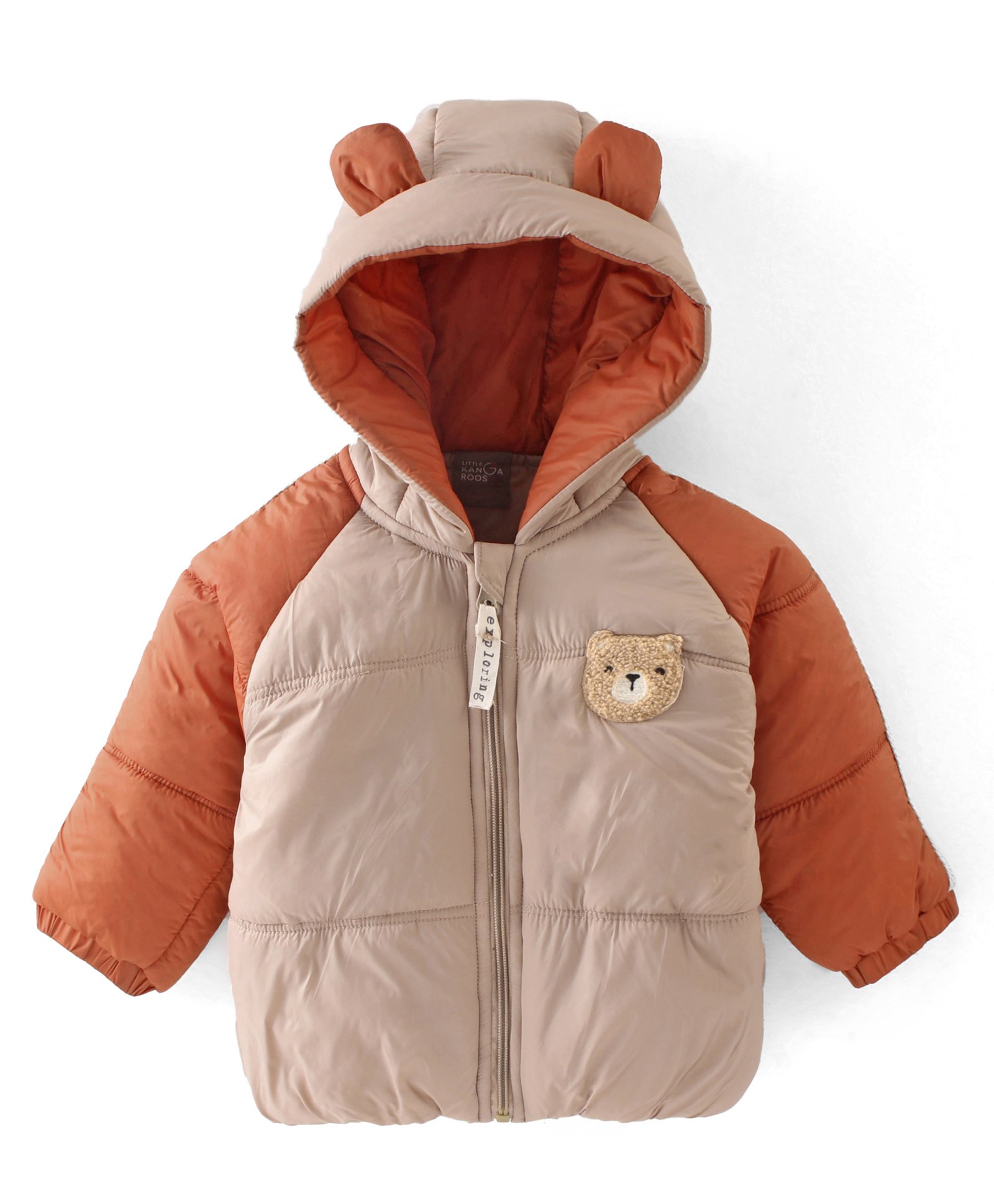 Little Kangaroos Full Sleeves Solid Color Drop Shoulder Hooded Jacket With Bear Applique - Brown-picture-10