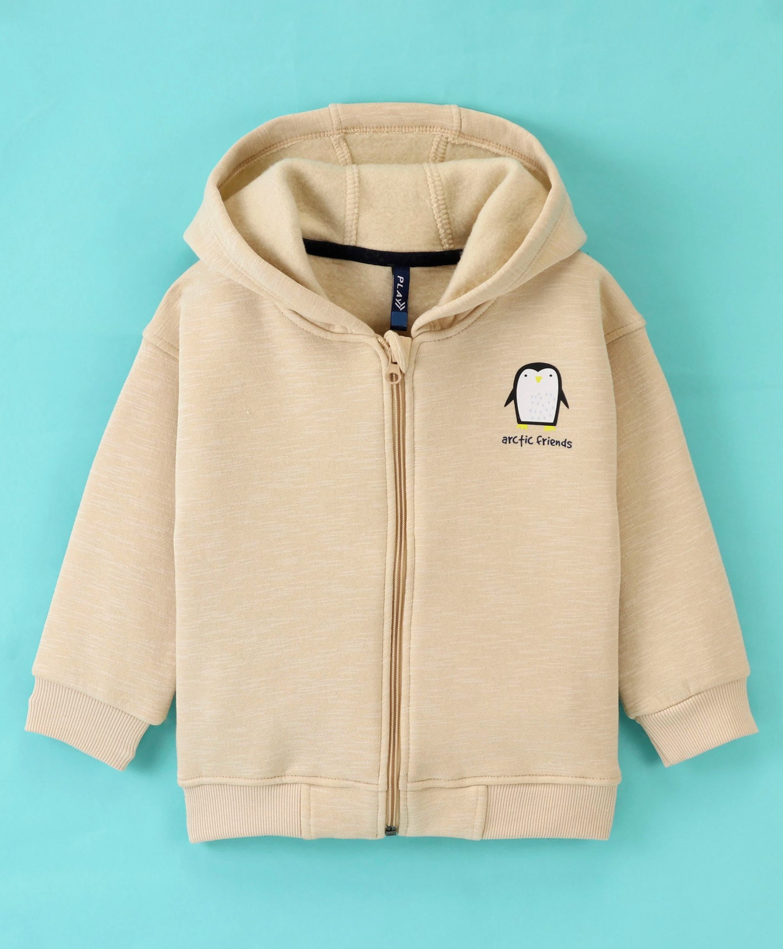 Little Kangaroos Full Sleeves Drop Shoulder Penguin Printed Hooded Sweat Jacket - Beige-picture-21