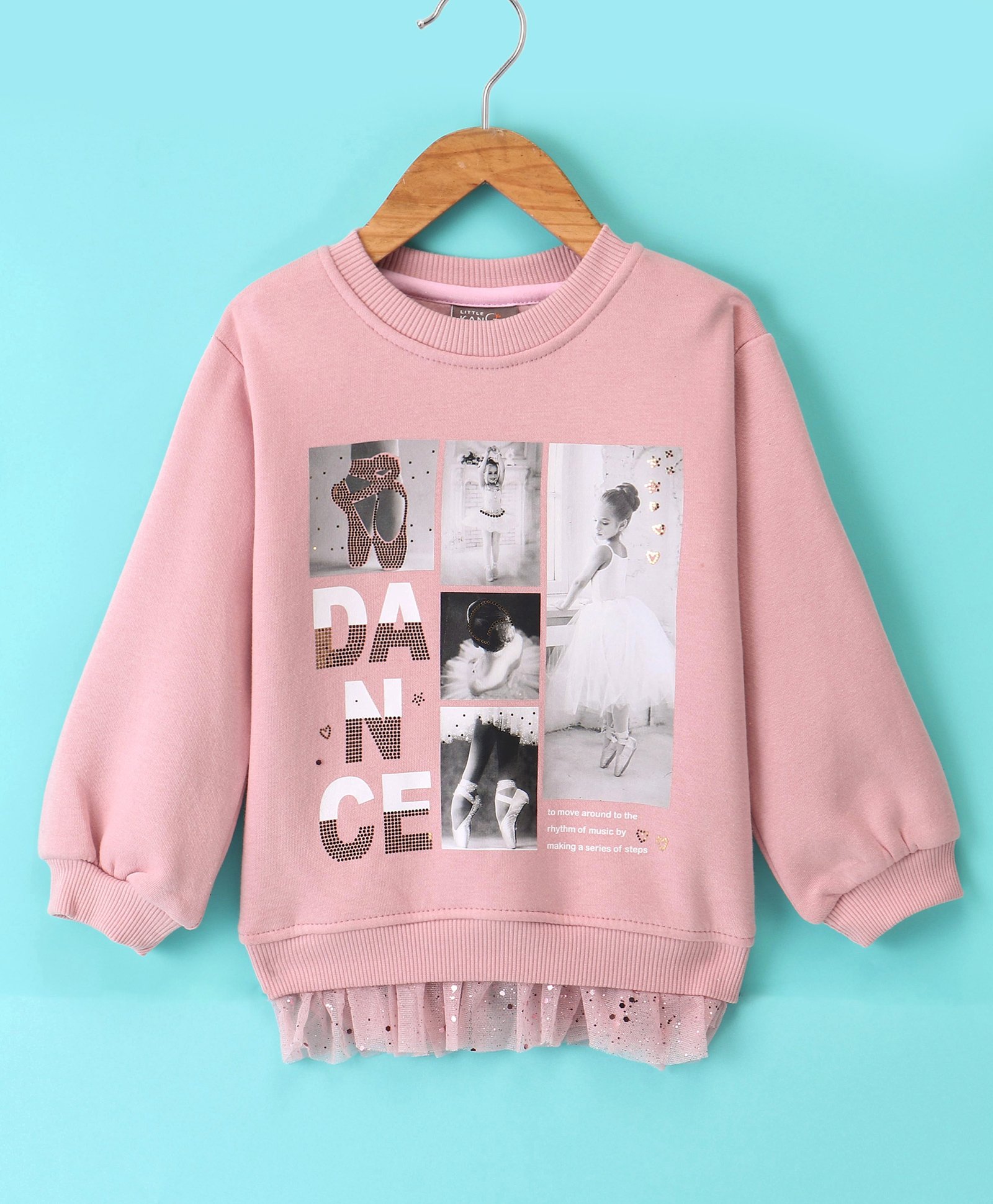 Little Kangaroos Full Sleeves Drop Shoulders Mesh Detailing & Ballerina Printed Sweatshirt - Dusty Pink-picture-12