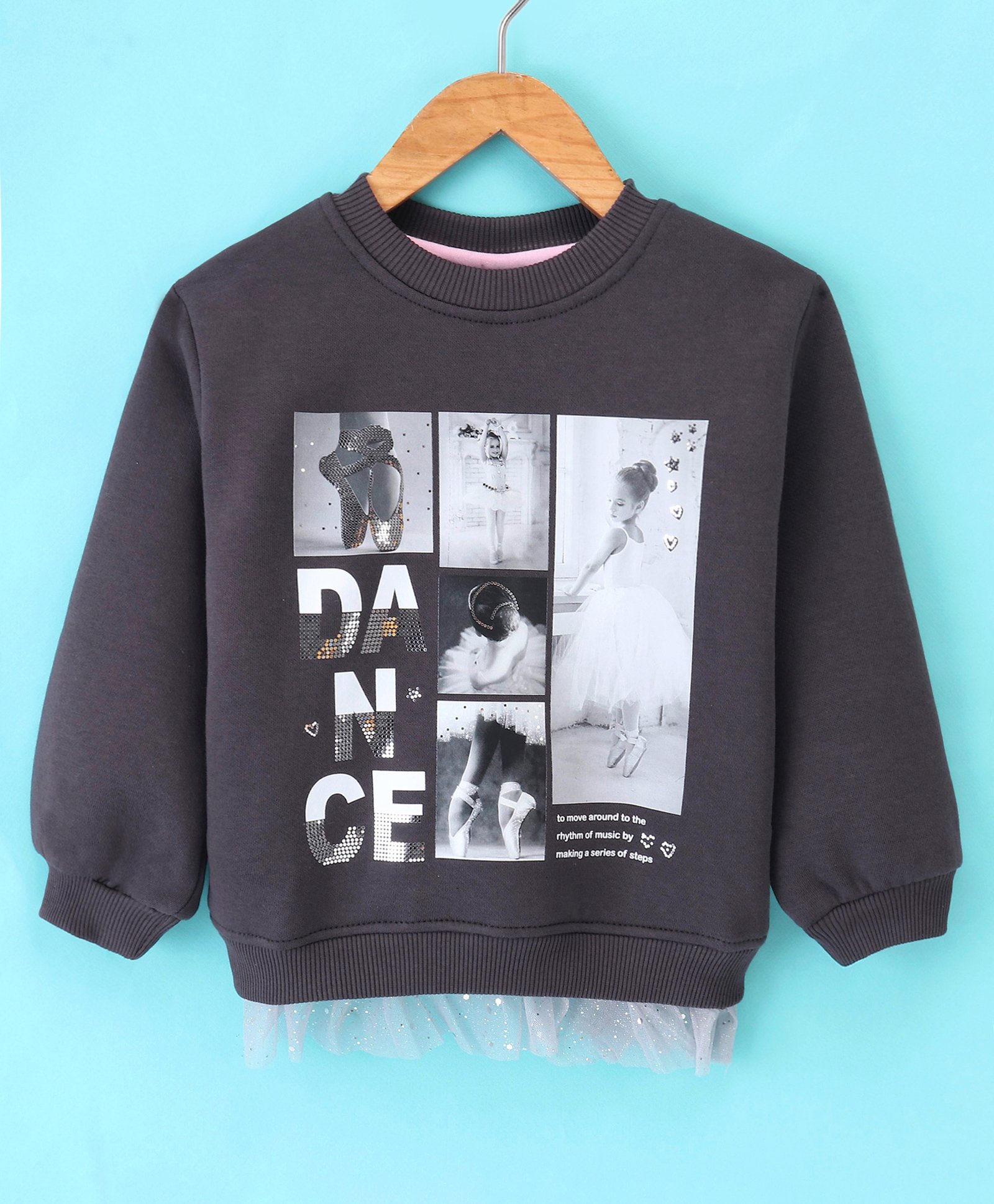 Little Kangaroos Full Sleeves Drop Shoulders Mesh Detailing & Ballerina Printed Sweatshirt - Charcoal Black-image-30