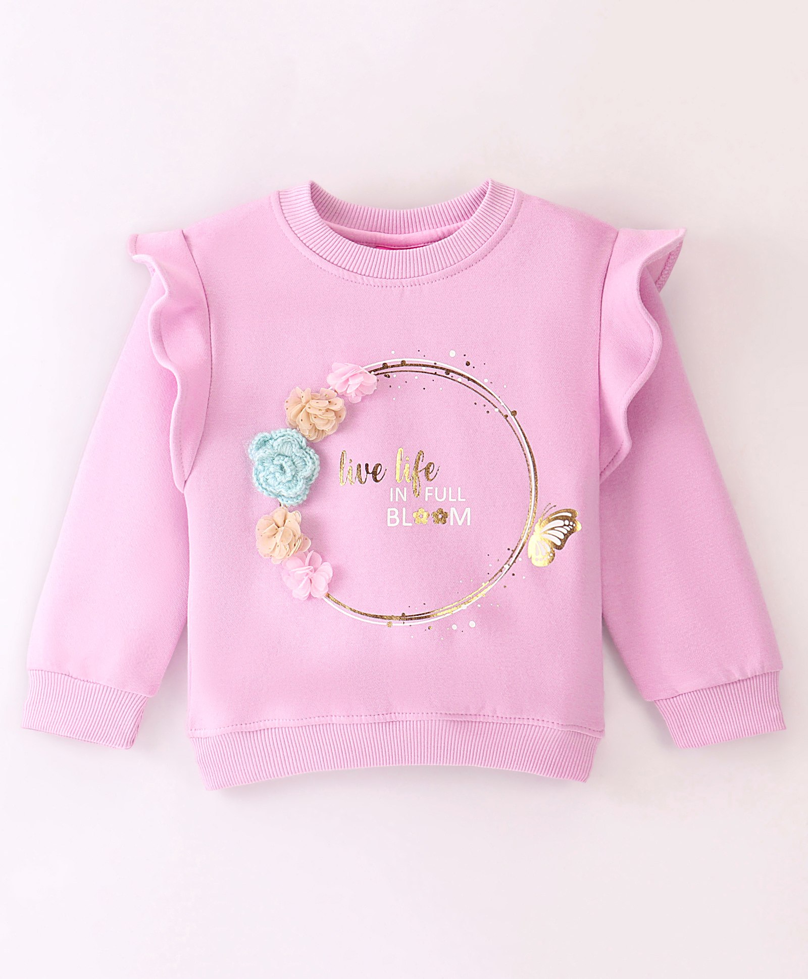 Little Kangaroos Full Sleeves Drop Shoulder Sweatshirt with Flower Applique & Foil Print - Orchid Pink-image-18