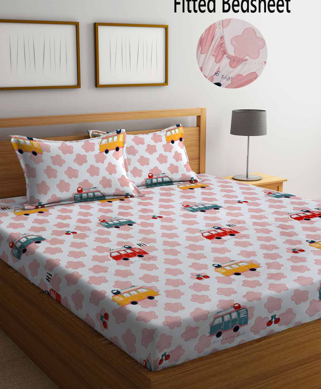 FABINALIV Multicolor Cartoon Print 300 TC Cotton Blend King Size Fitted Double Bedsheet with 2 Pillow Covers-image-29