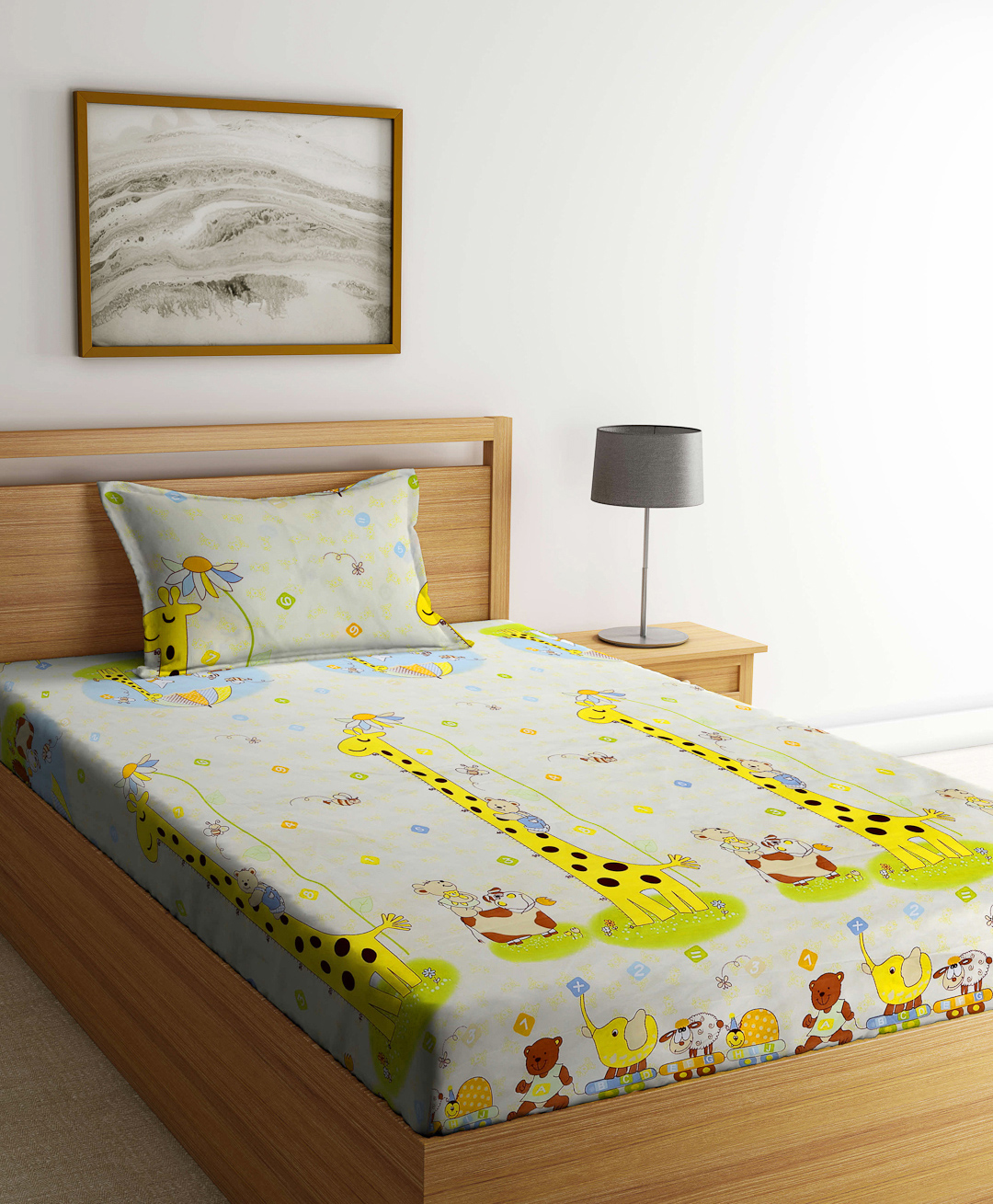 FABINALIV Multicolor Cartoon Print 300 TC Cotton Blend Single Bedsheet with Pillow Cover-image-47