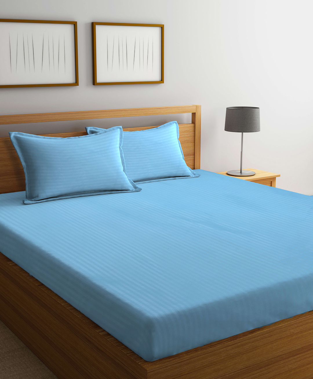 FABINALIV Sky Blue Striped 300 TC Cotton Blend Super King Size Double Bedsheet with 2 Pillow Covers-image-32