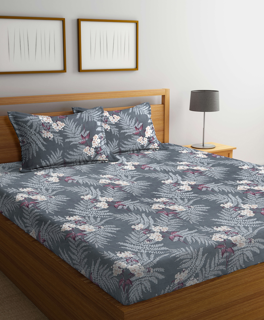 FABINALIV Grey Floral 300 TC Cotton Blend Super King Size Double Bedsheet with 2 Pillow Covers-picture-10
