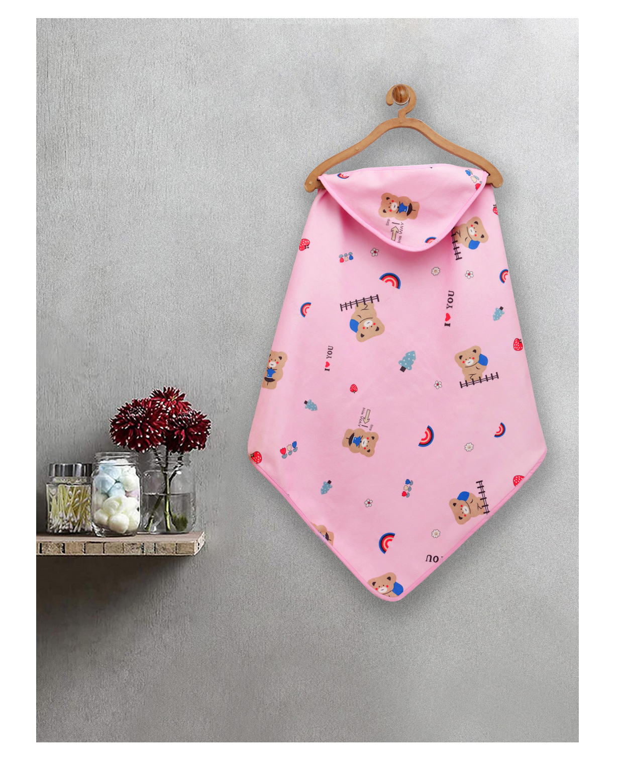 FABINALIV Infant Pink Cartoon Print Cotton Hooded Bath Towel (70X70 cm)-image-37