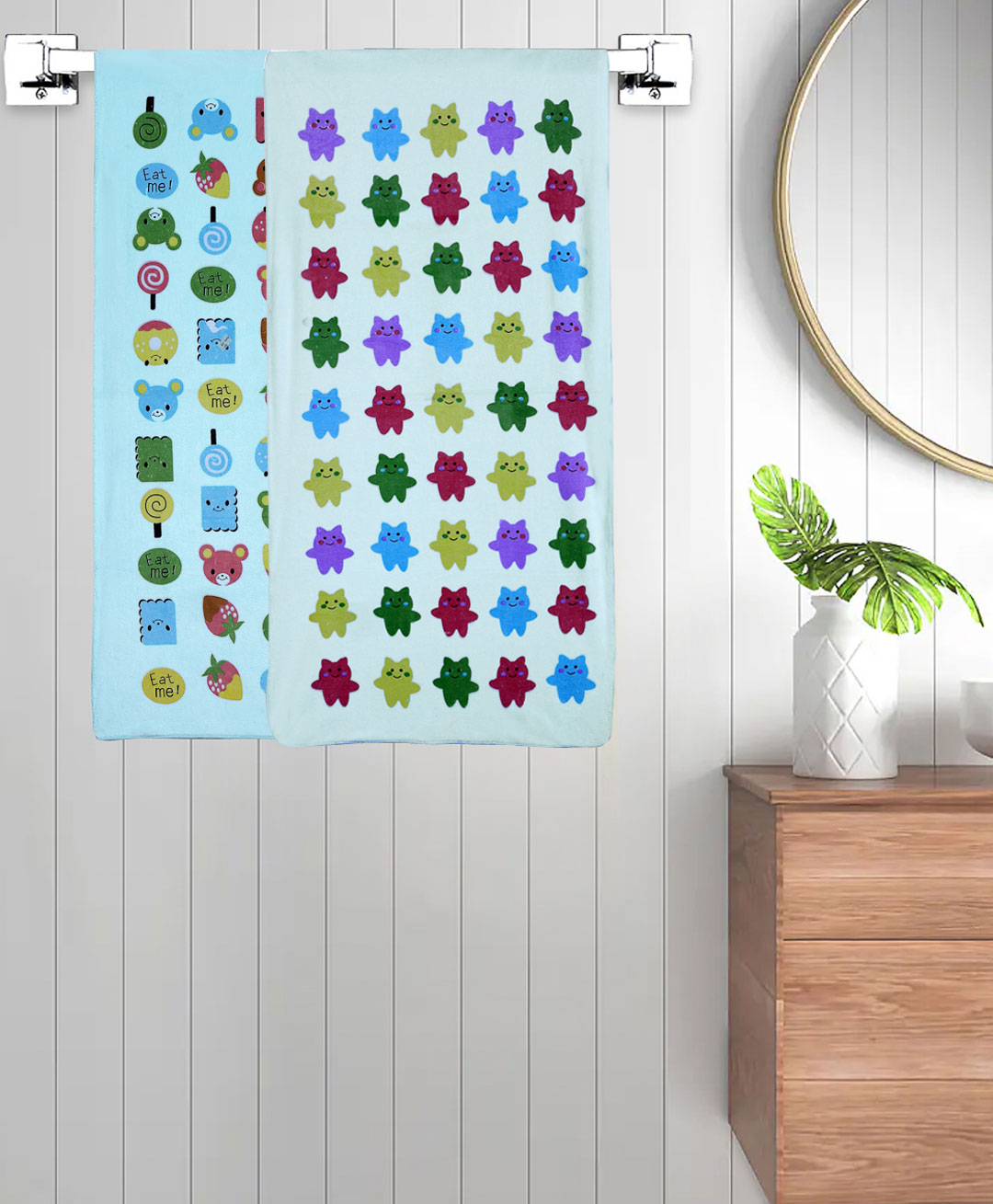 FABINALIV Set of 2 Blue Cartoon Print Cotton Kids Bath Towels (110X56 cm)-picture-24