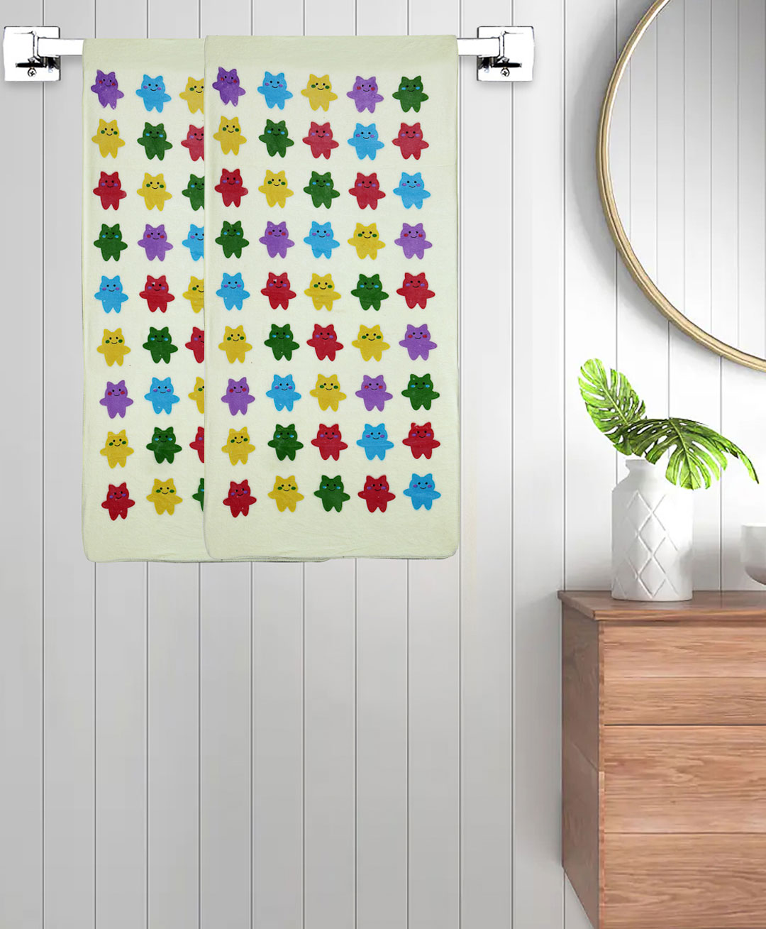 FABINALIV Set of 2 Yellow Cartoon Print Cotton Kids Bath Towels (110X56 cm)-picture-11