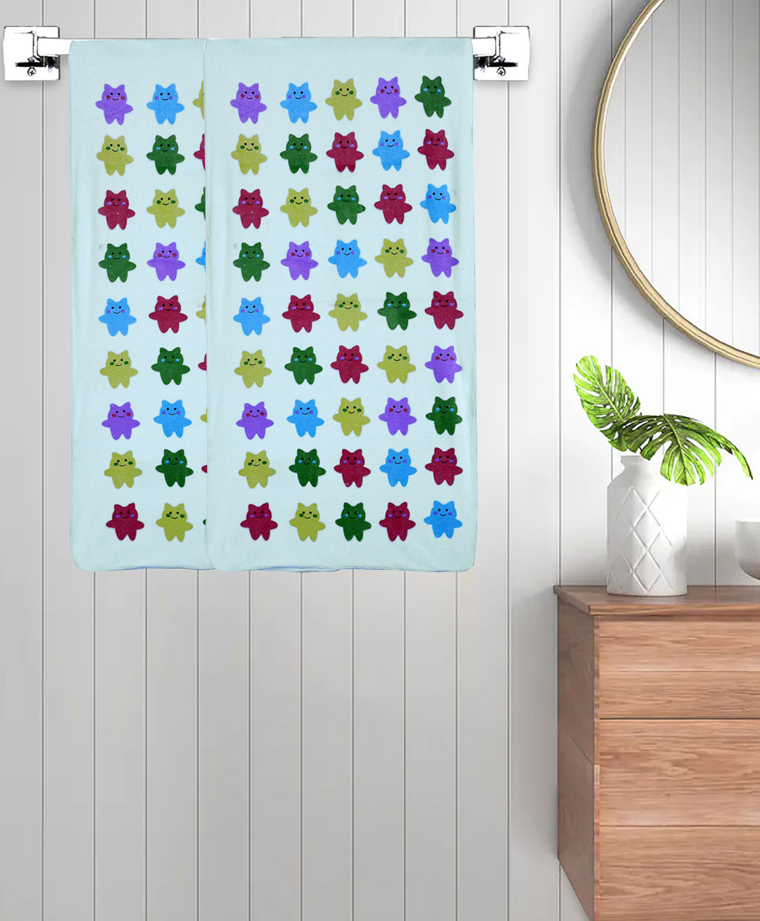 FABINALIV Set of 2 Blue Cartoon Print Cotton Kids Bath Towels (110X56 cm)-picture-14