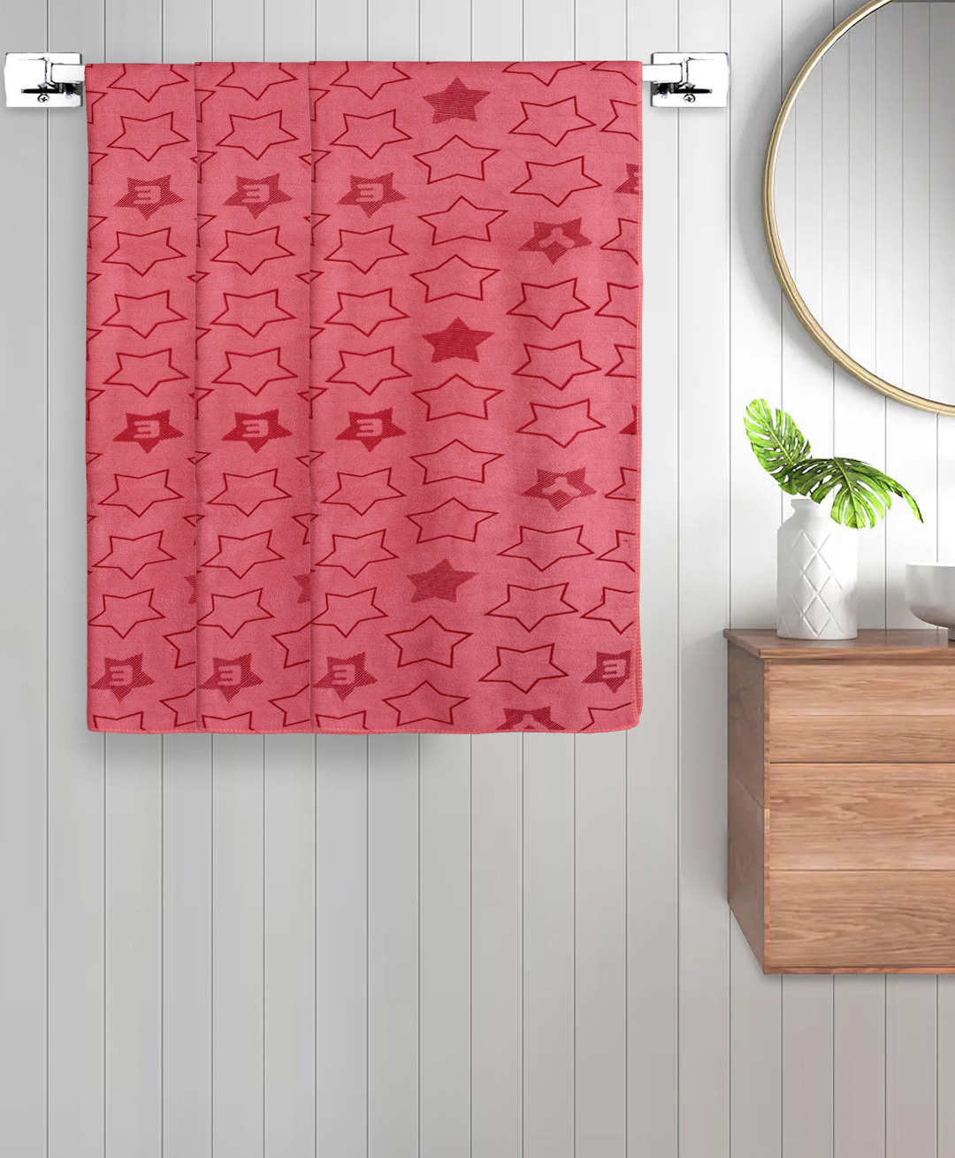 FABINALIV Set of 3 Red Geometric Cotton Kids Bath Towels (110X60 cm)-image-4