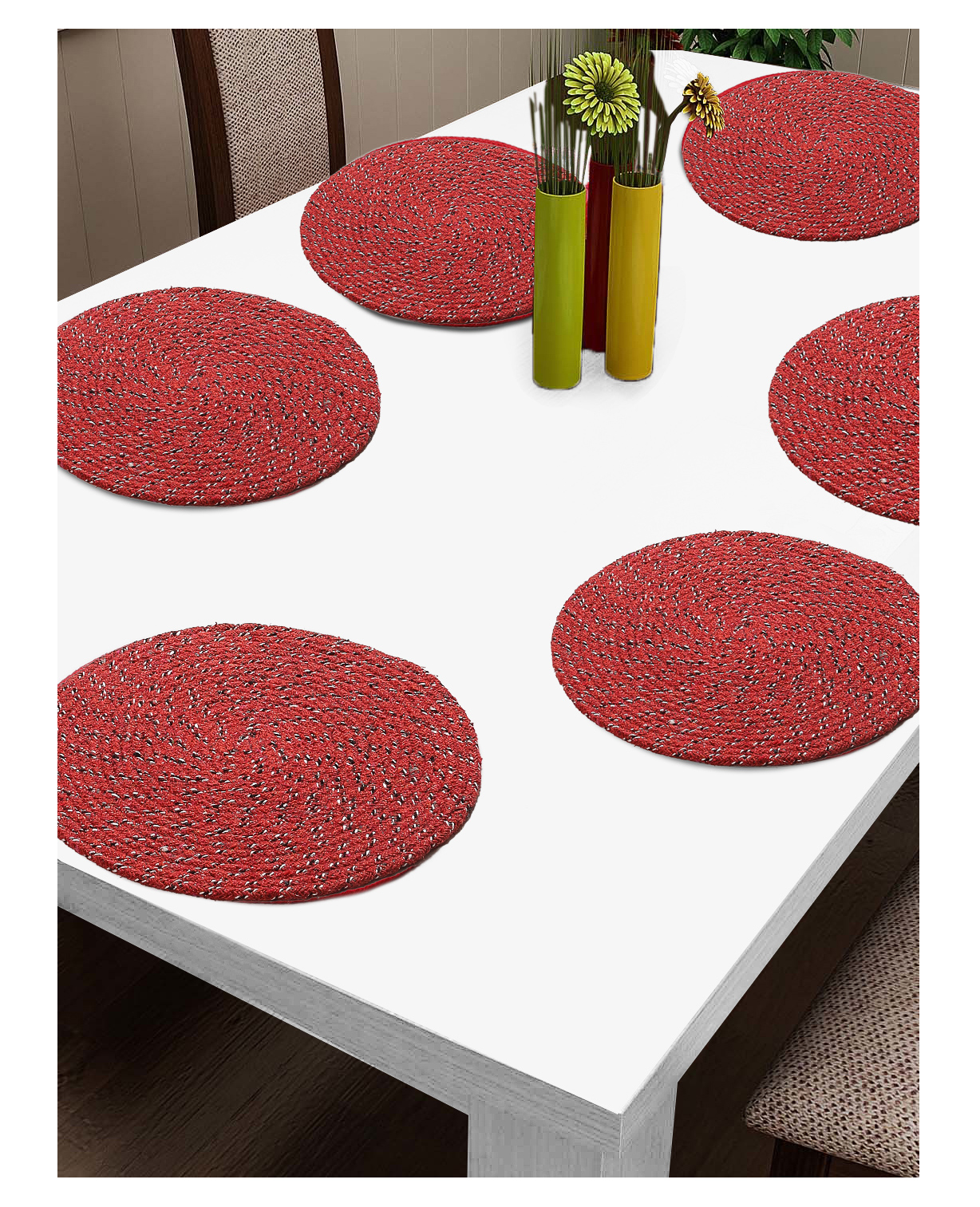 FABINALIV Set of 6 Braided Cotton Table Mats (39X39 cm) Abstract - Red-image-21