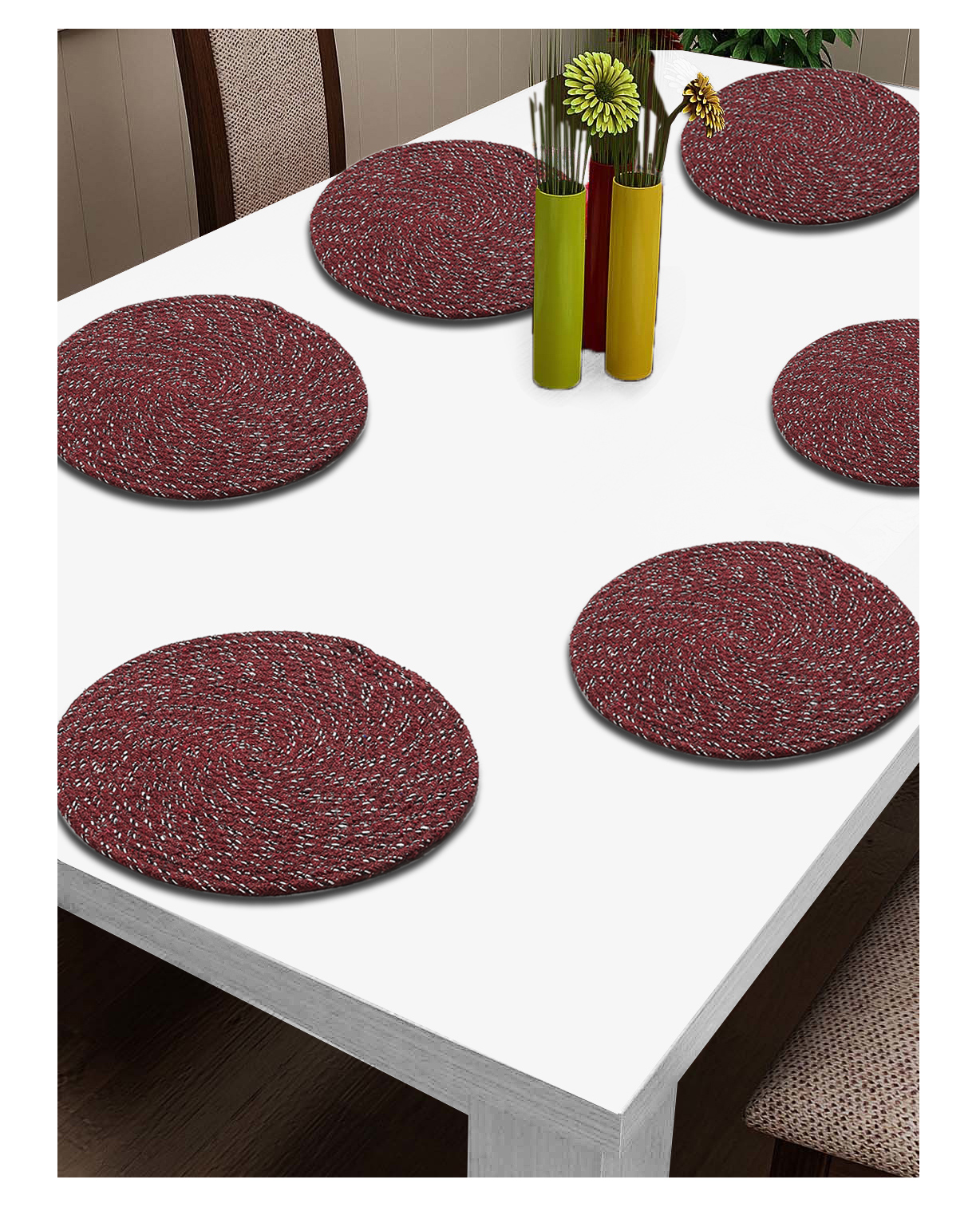 FABINALIV Set of 6 Braided Cotton Table Mats (39X39 cm) Abstract - Maroon-image-46