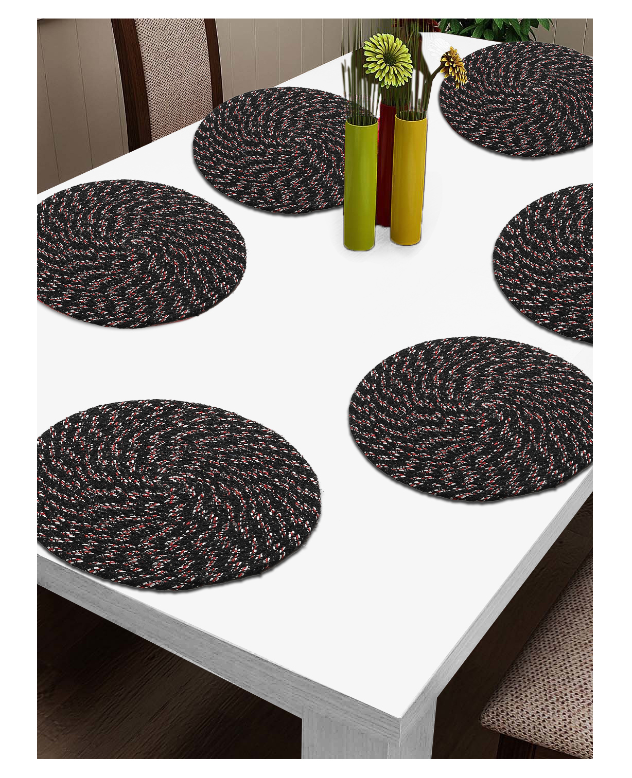 FABINALIV Set of 6 Braided Cotton Table Mats (39X39 cm) Abstract - Black-image-47