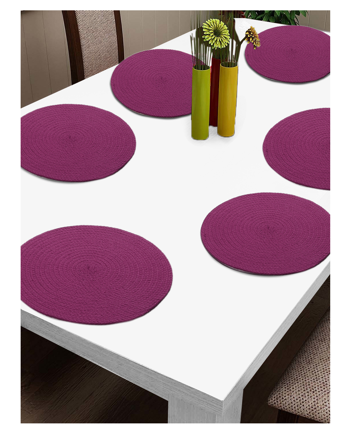 FABINALIV Set of 6 Braided Cotton Table Mats (39X39 cm) Purple - Solid-image-48