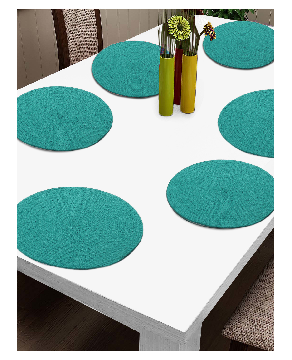 FABINALIV Set of 6 Braided Cotton Table Mats (39X39 cm) Sky Blue - Solid-picture-10