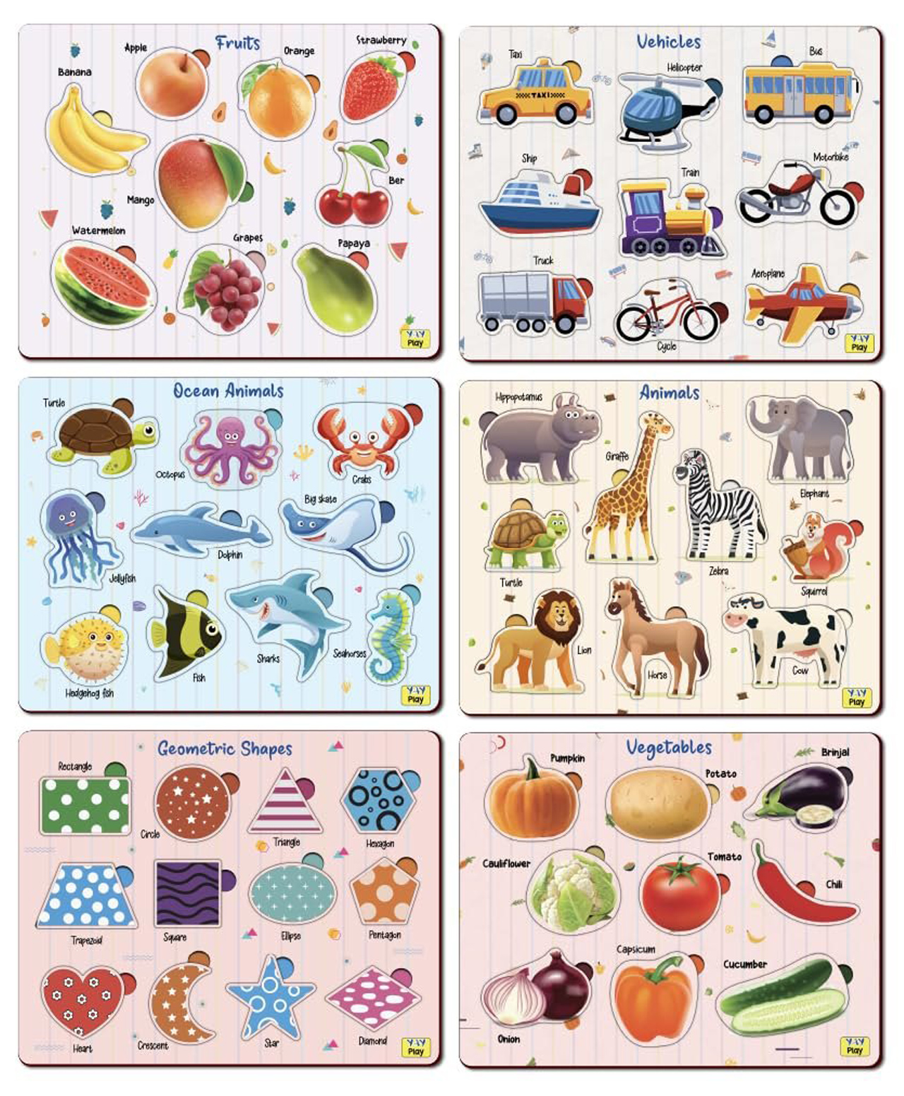 YaYplay 6 In 1 Wooden Educational Puzzles Fruits, Vegetables, Animals, Ocean Animals, Vehicles Shapes Set Of 6  58 Pieces-image-28