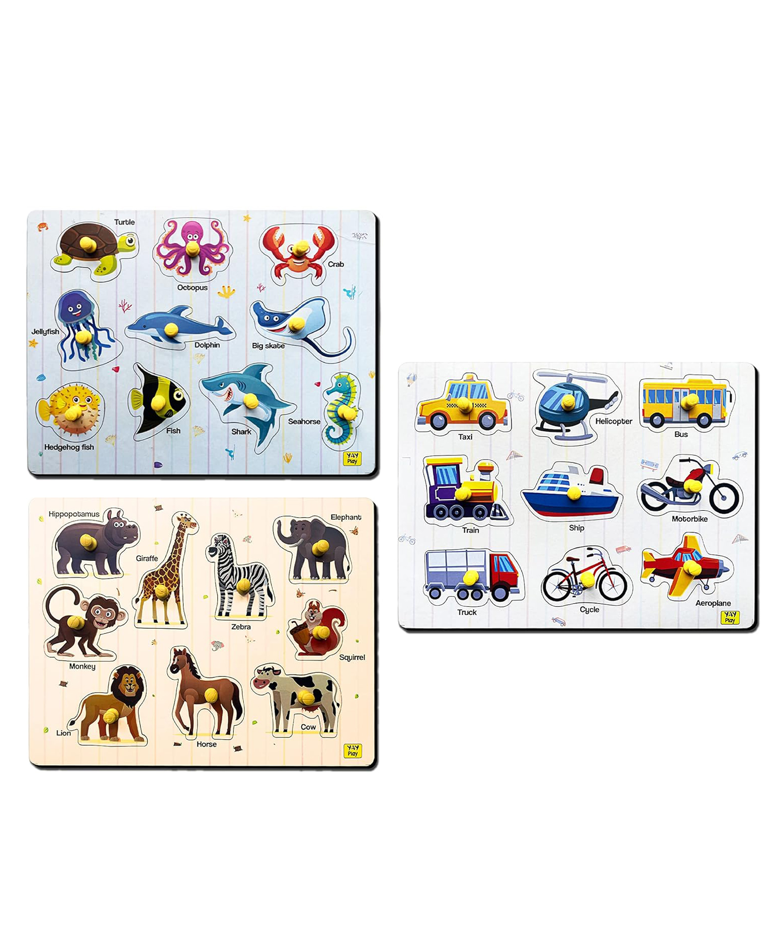 YaY Play Sea & Wild Animal and Transport  Pegboard Wooden Puzzle- Pack of 3 , 28 Pieces-image-34