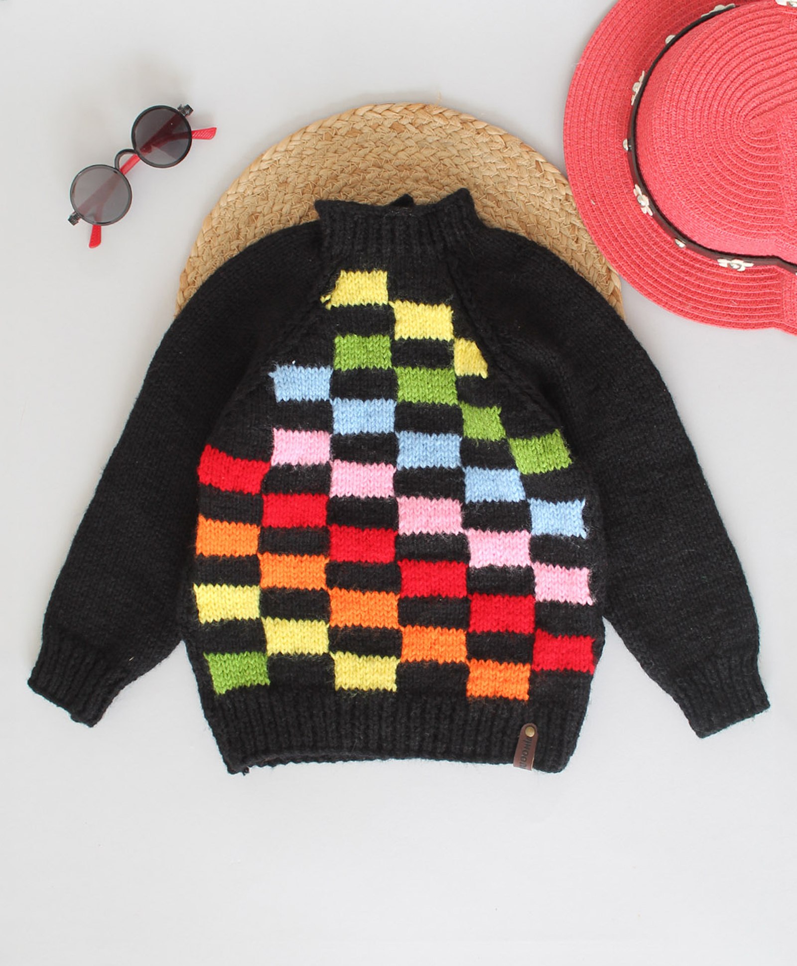 Woonie Full Sleeves Chessboard Checked Hand Knitted Sweater - Black-picture-12