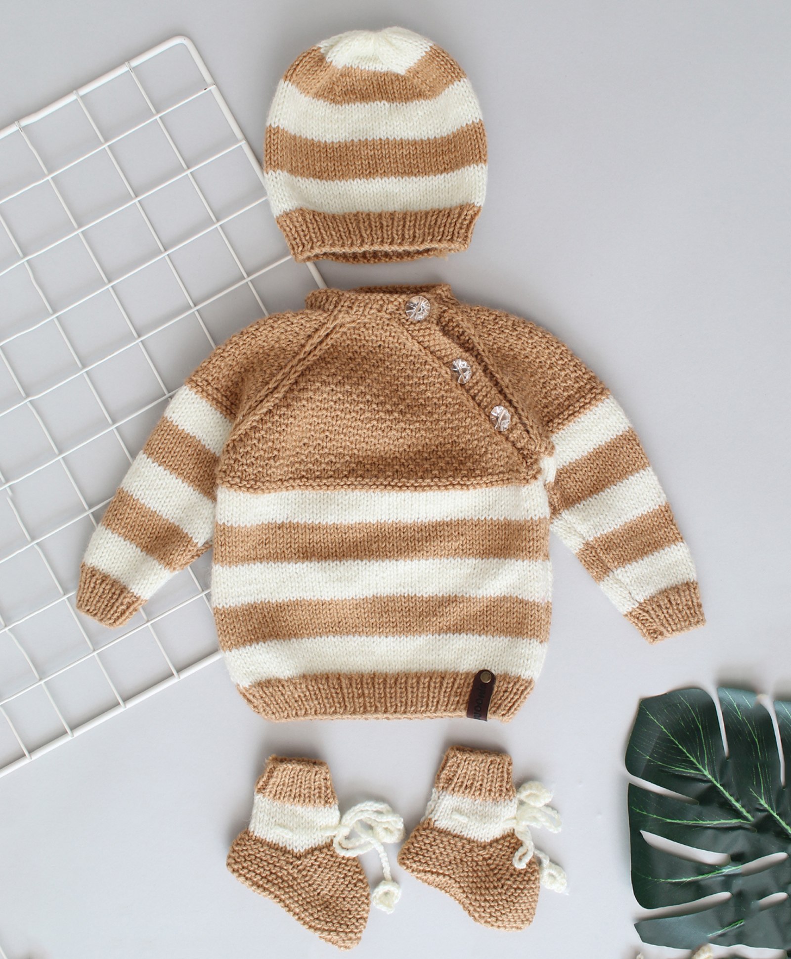 Woonie Handknitted  Full Sleeves Striped Pattern Stitch Stockinette Sweater Set - Beige-image-48