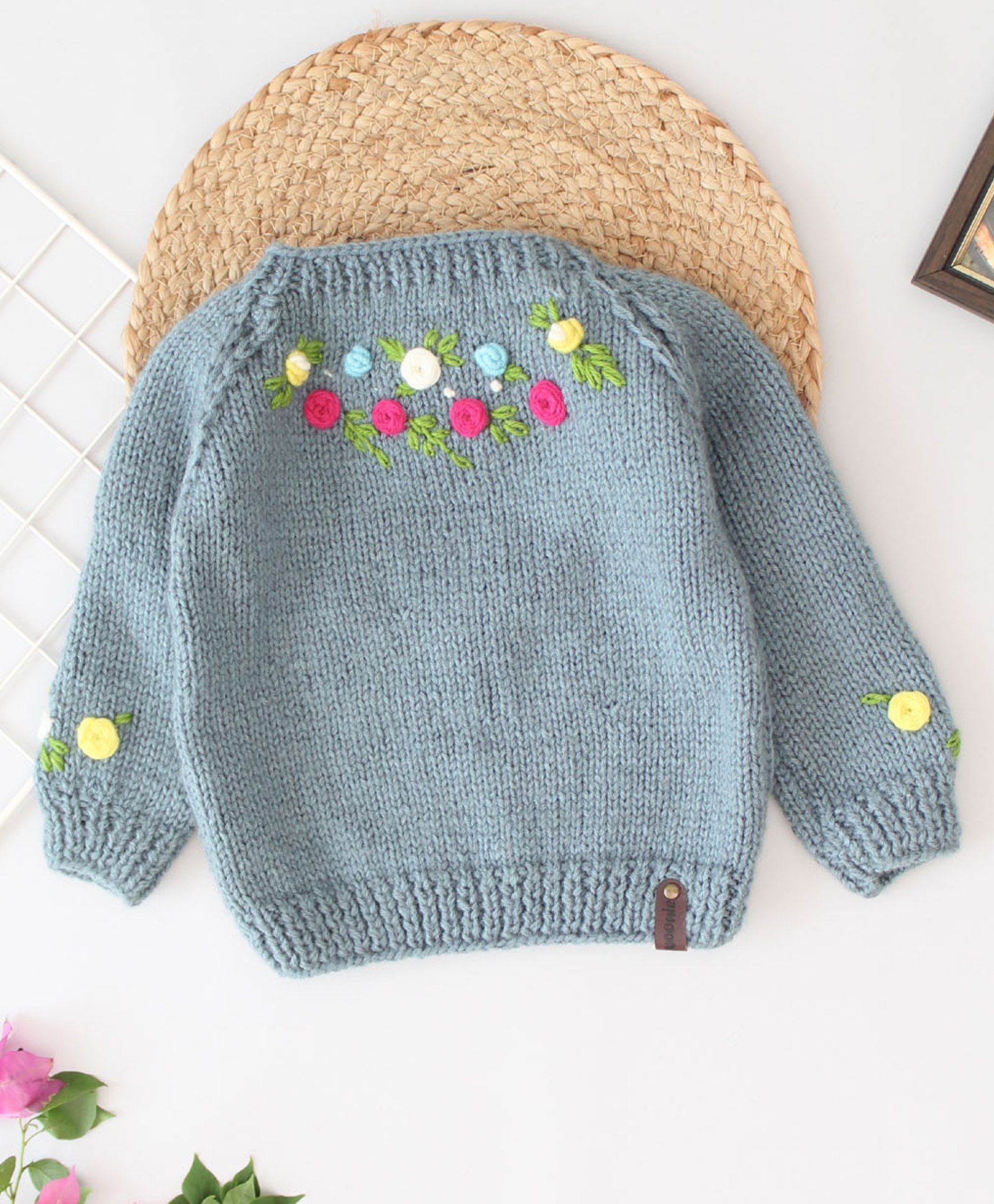 Woonie Hand Knitted Full Sleeves Floral Embroidered Sweater - Grey-image-37