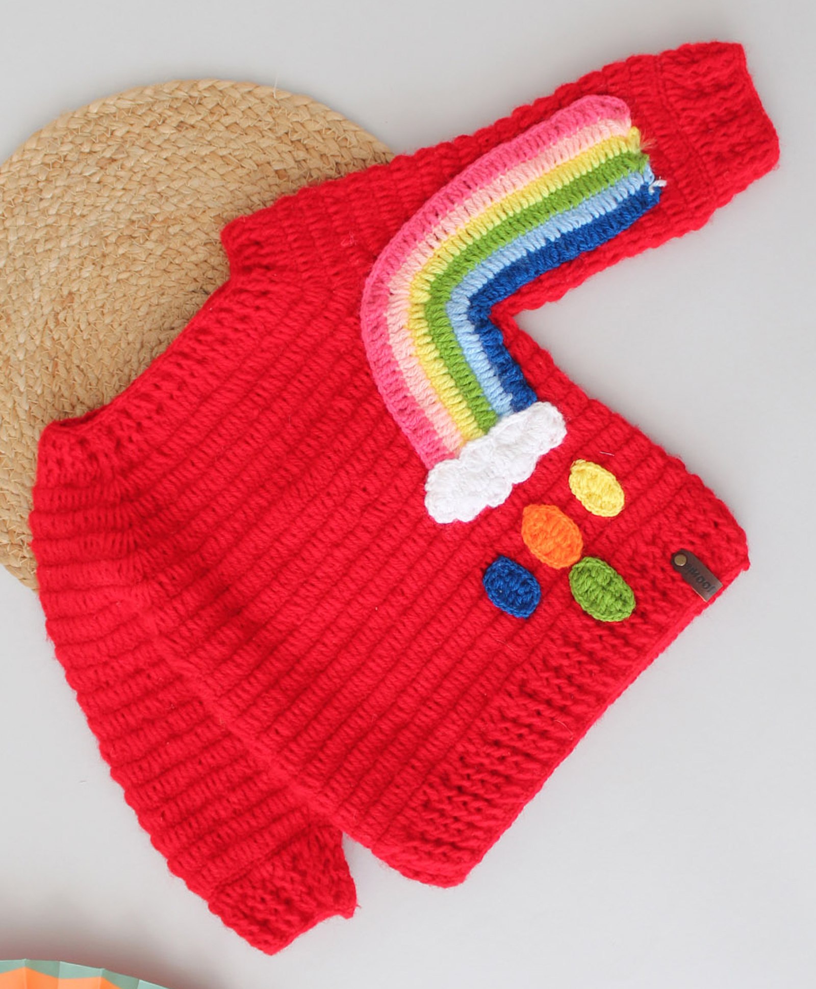 Woonie Handmade Full Sleeves Crochet Rainbow Detailed Sweater - Red-image-22
