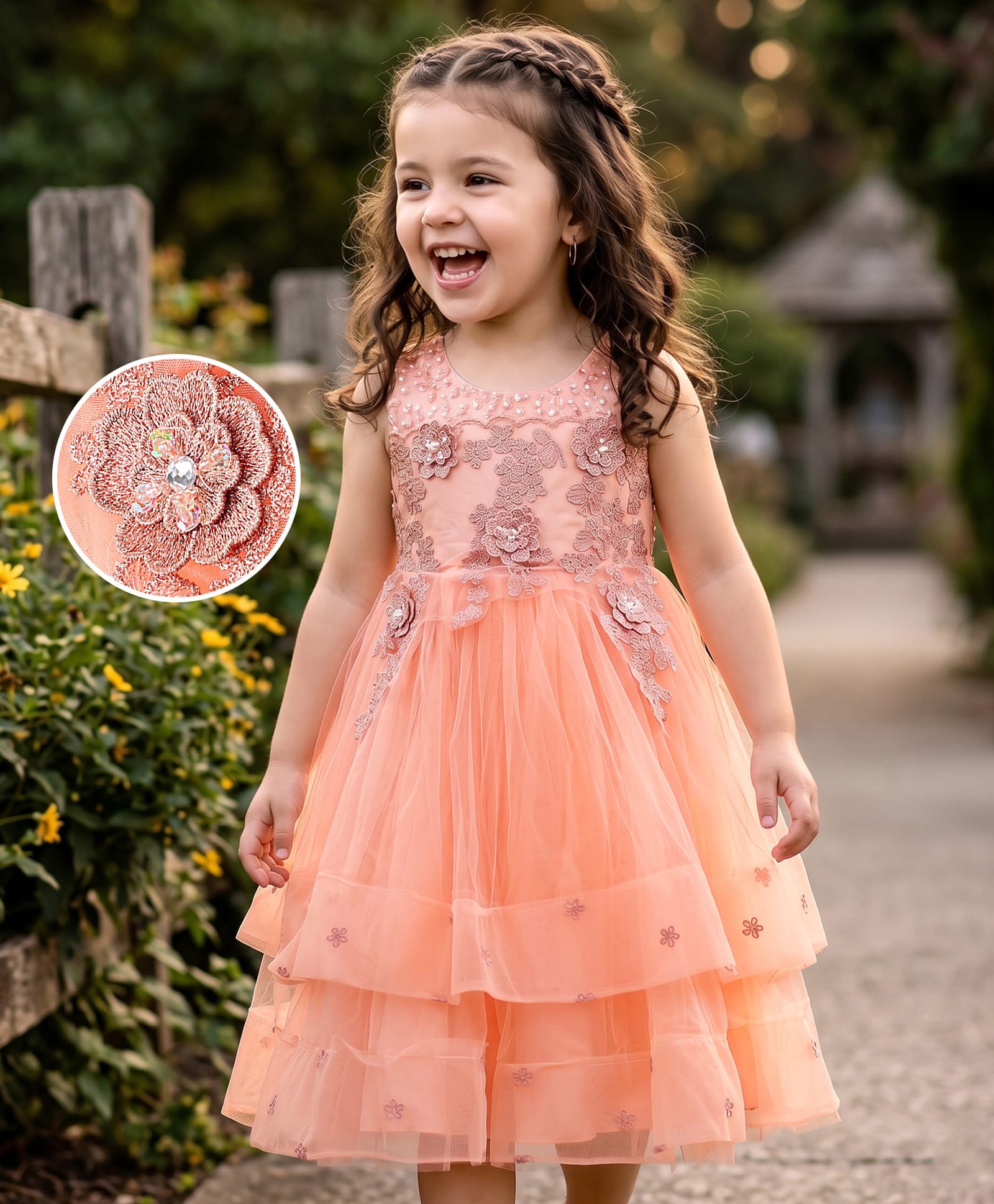 Mark & Mia Sleeveless Party Frock With Floral Embroidery - Peach-image-18
