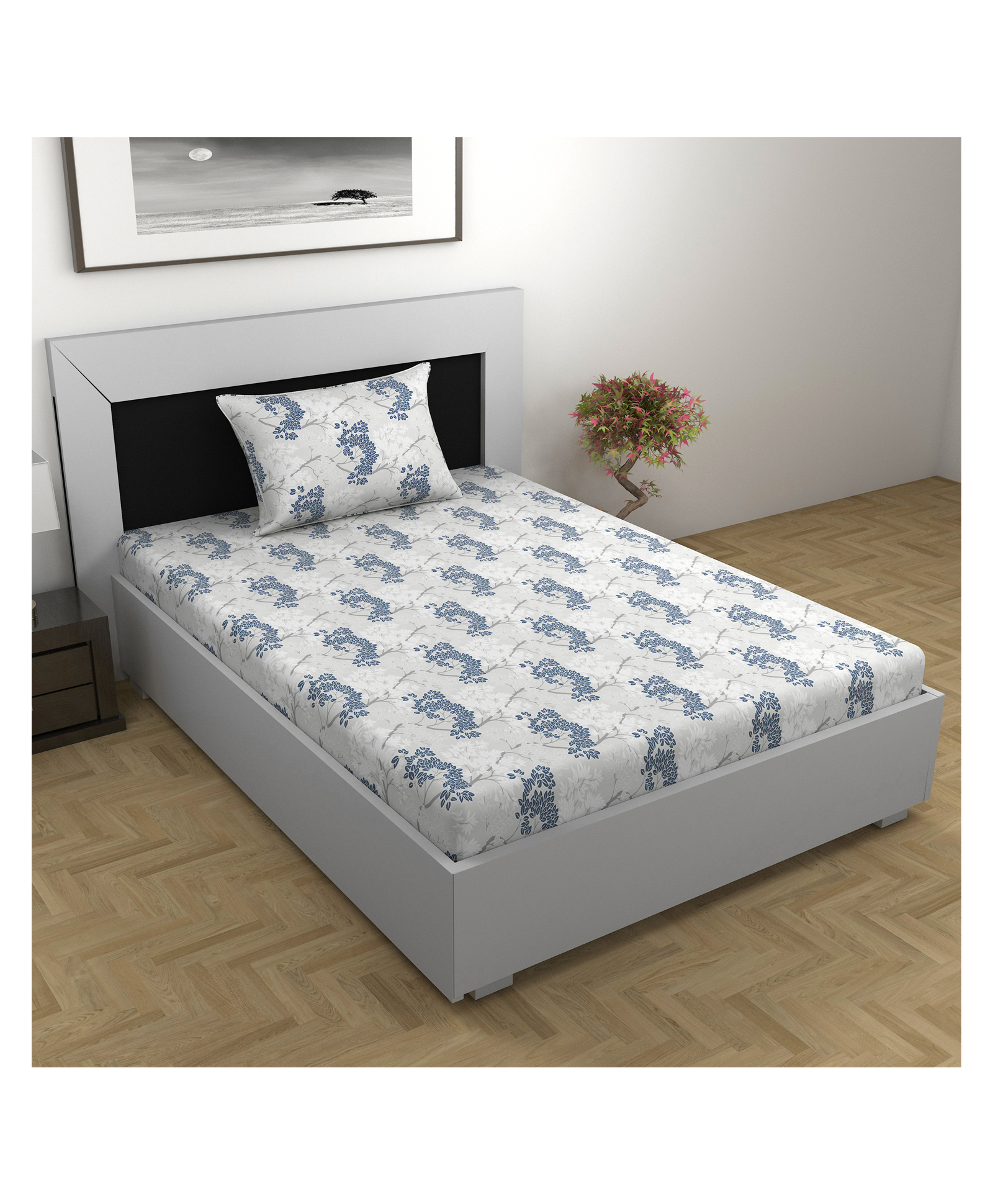 Divine Casa Prism King Size Bed 100% Cotton 144 TC King Bedsheet and 2 Pillow Cover - Cement Blue-picture-10
