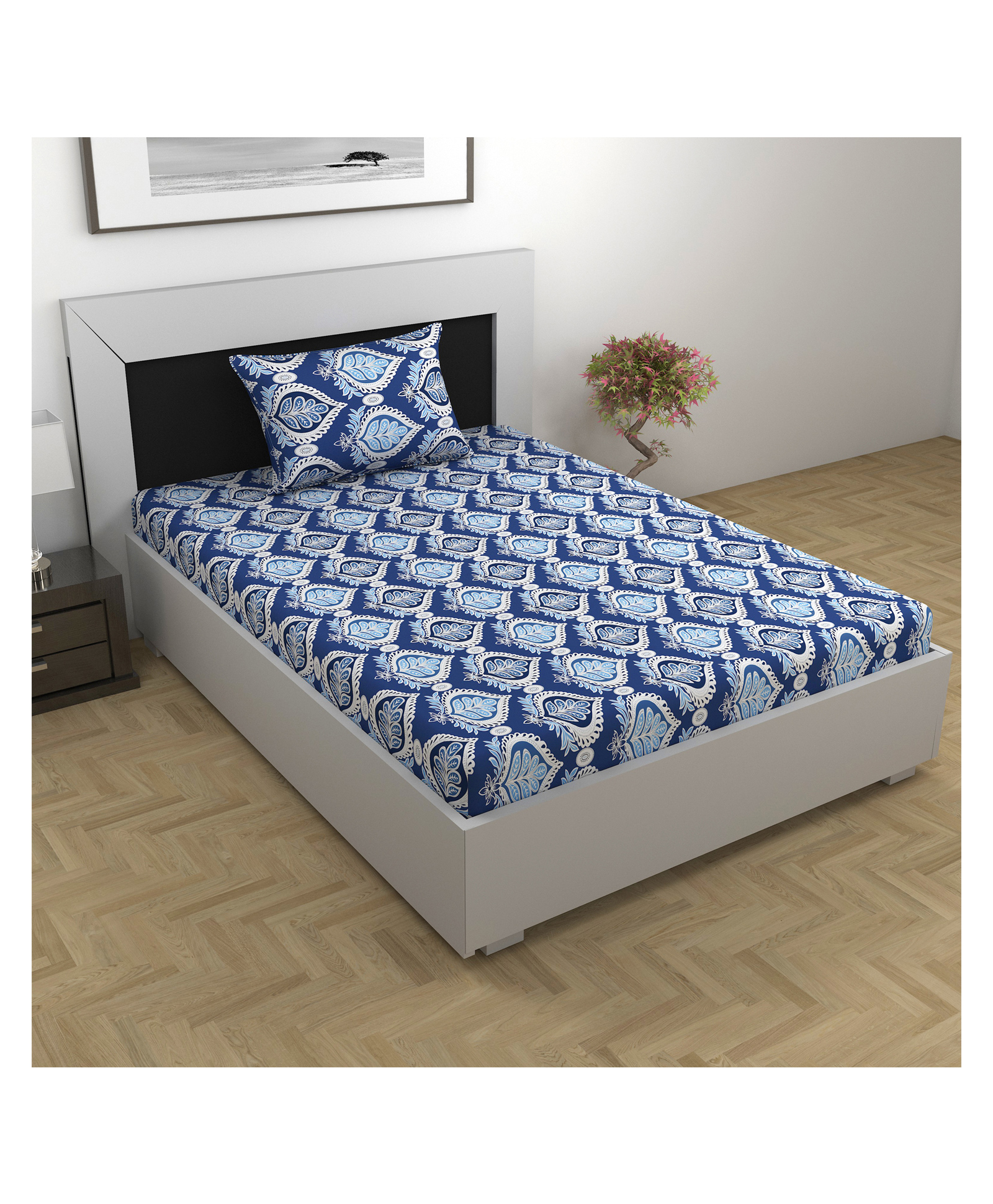 Divine Casa Prism Single Bed 100% Cotton 144 TC Single Bedsheet and Pillow Cover- Classic Blue-picture-50